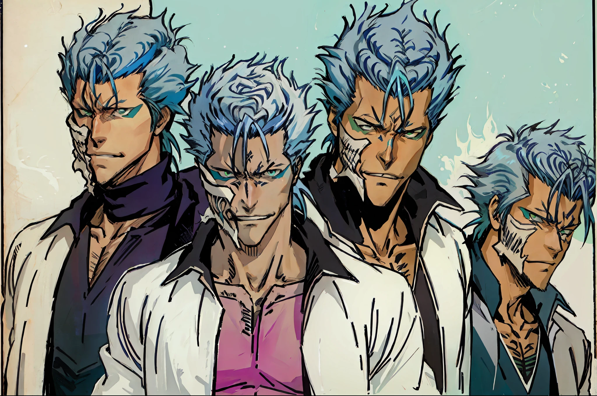 masterpiece, best quality, ((1man)),blue hair,green eyes,serious expression, smiling,waist up,line art,medium hair,white blazer,black t-shirt,expressionless eyes,((Tite Kubo style))