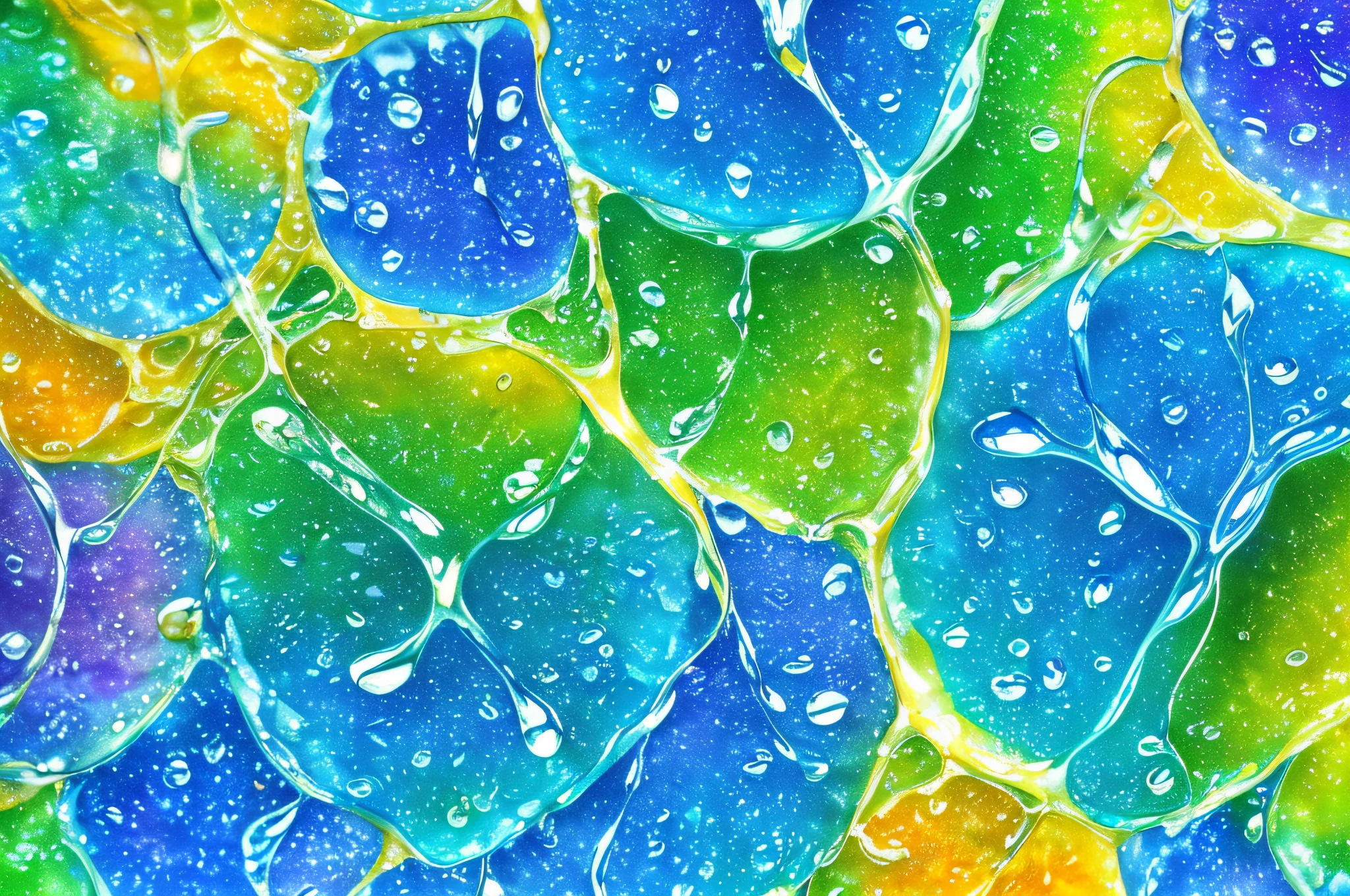 (ultra-detailed CG, abstract biology, colorful water drops macro background) floating, (high shot, dynamic angle),(blue: 1.3)+(yellow: 1.2)+(green: 1.2) virus, (high saturation, better lighting), (depth of field, blue splashes), (volumetric light, watercolor)