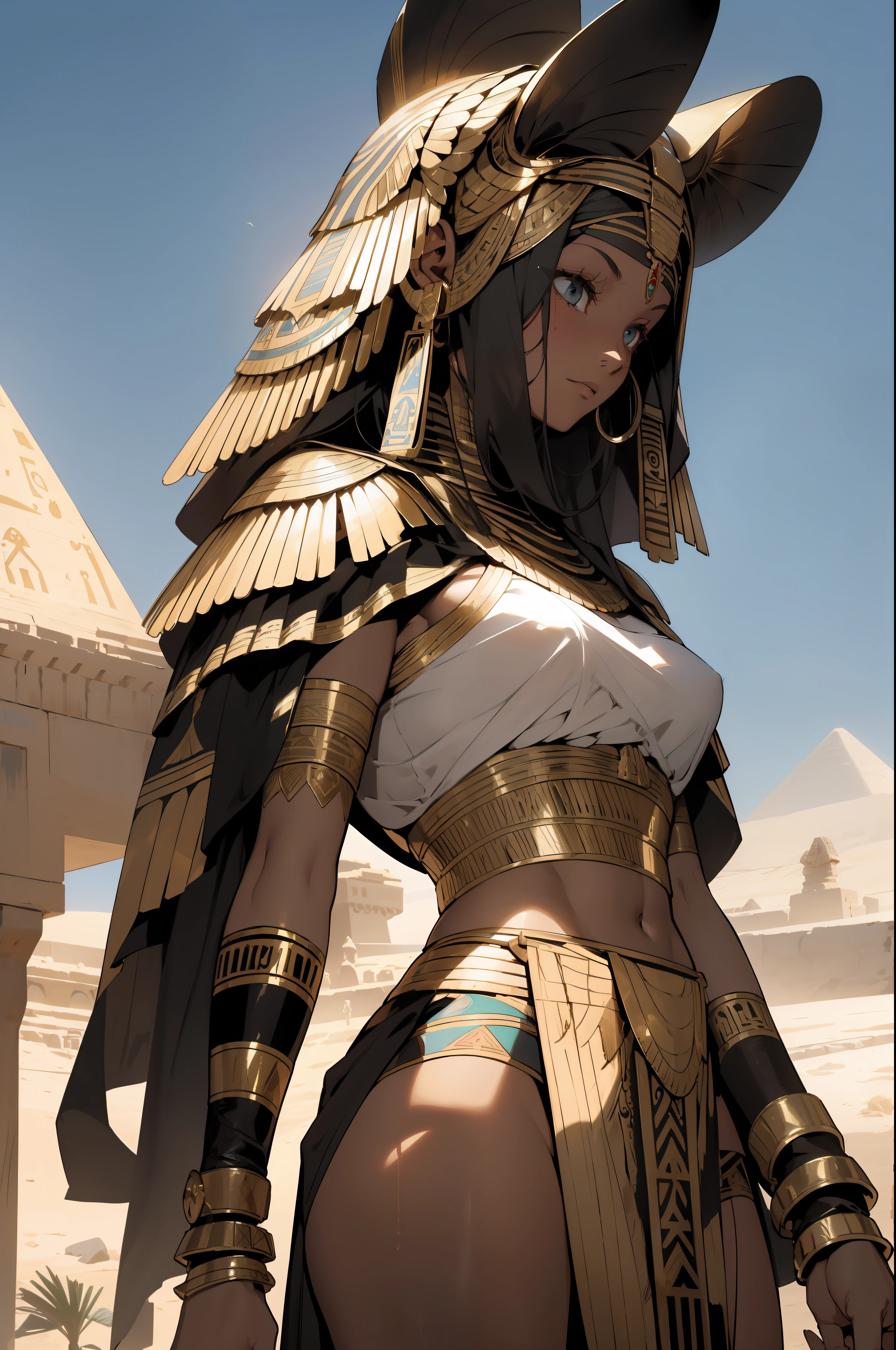 ((oaka_studio)), Beautiful full-bodied black woman, 30 years old, Egyptian woman, Egyptian adornments, muscular and perfect body, ((back)), head covered with an Egyptian headdress, Egyptian head ornament, dark skin shiny with oil and sweat, warrior Sphinx with little clothing, tiny loincloth of old body, bands wrapped around large breasts, Egyptian tattoo, arms covered by Egyptian adornments,  Large breasts covered by bands of fabric, generous neckline, holding a blood-stained spear, brave face, dark kingdom, sexy pose, walking in a desert, pyramids in the background