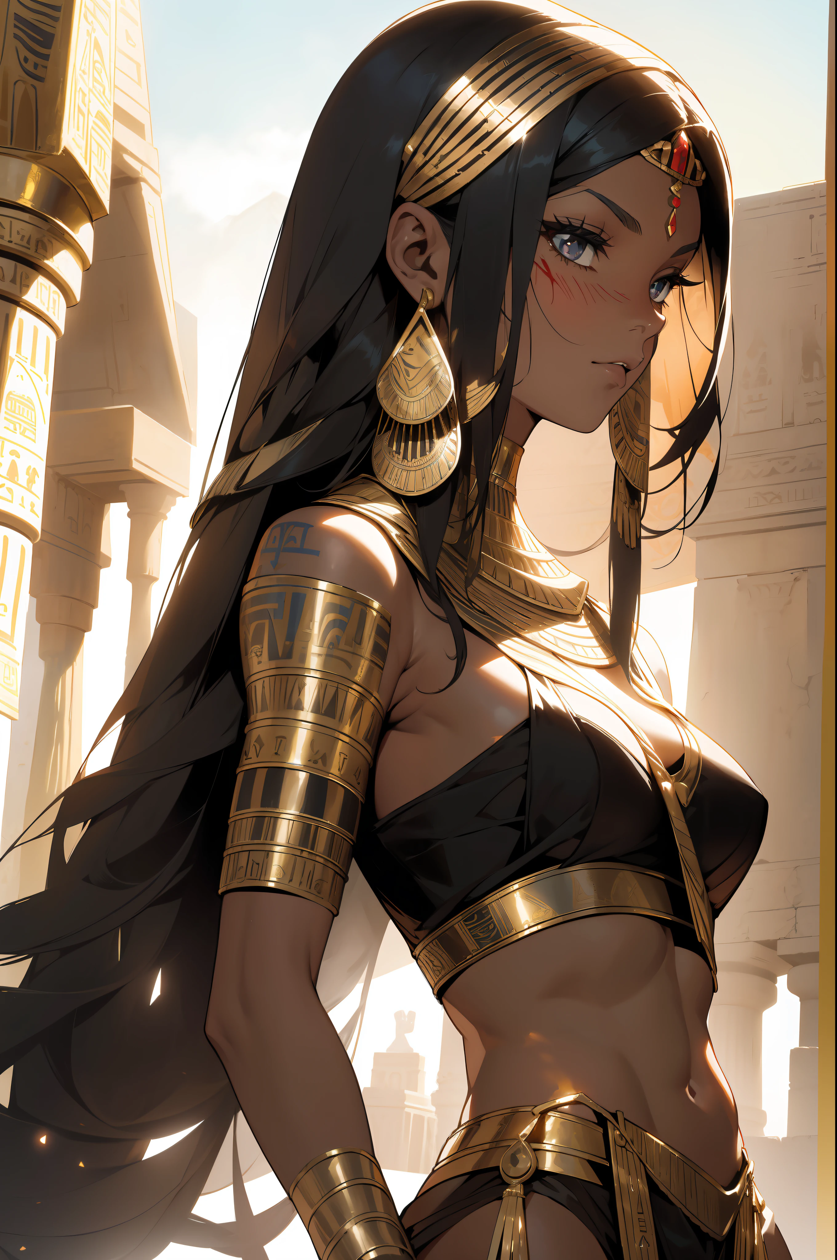 ((oaka_studio)), Beautiful full-bodied black woman, 30 years old, Egyptian woman, Egyptian adornments, muscular and perfect body, ((back)), head covered with an Egyptian headdress, Egyptian head ornament, dark skin shiny with oil and sweat, warrior Sphinx with little clothing, tiny loincloth of old body, bands wrapped around large breasts, Egyptian tattoo, arms covered by Egyptian adornments,  Large breasts covered by bands of fabric, generous neckline, holding a blood-stained spear, brave face, dark kingdom, sexy pose, walking in a desert, pyramids in the background