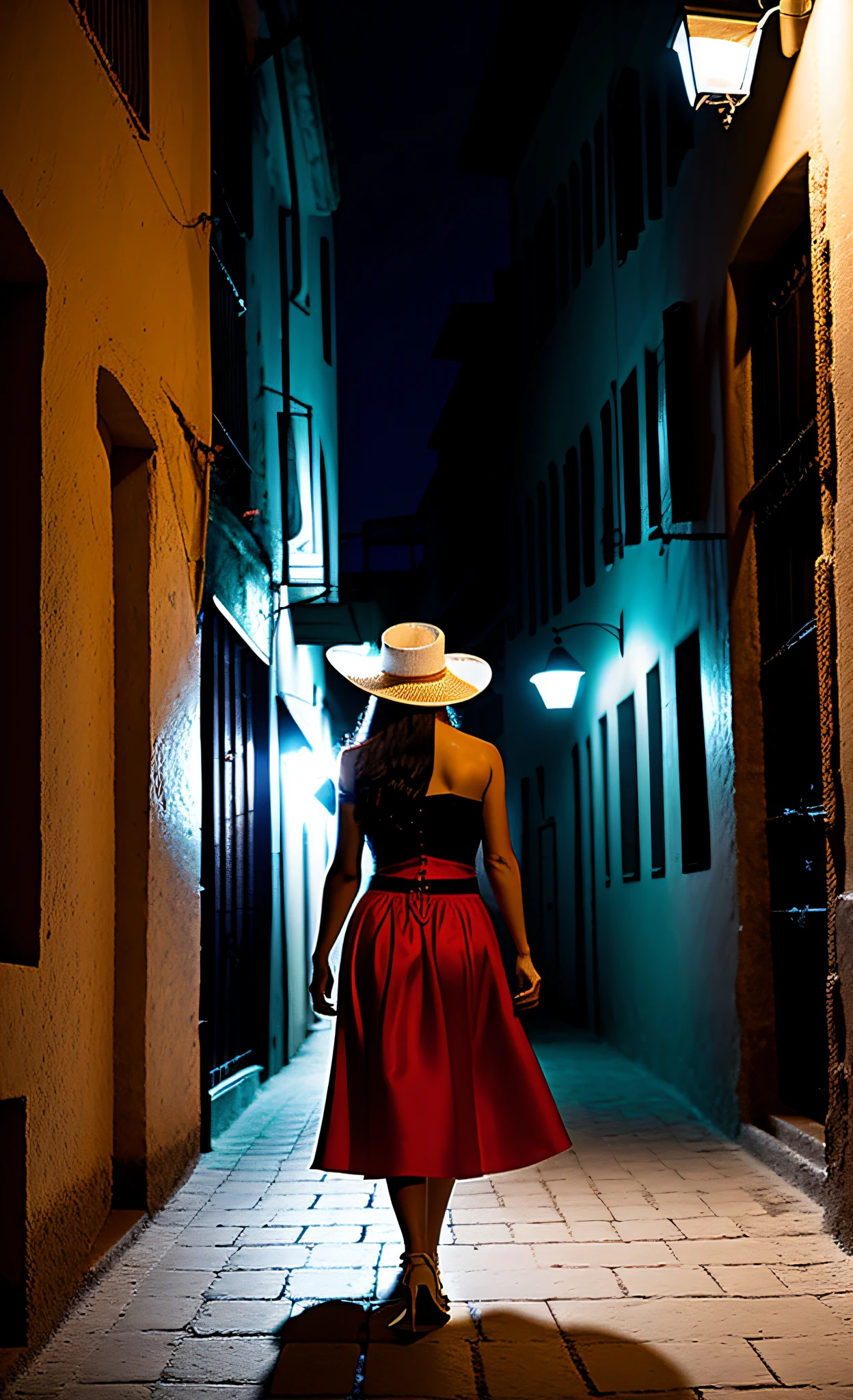 Portrait of a Latina woman, on her back, walking through the city center, at night, in the shadows, in low light, with no people around, wearing ankle-length skirt, red corset, white Panama hat (photorealistic, sharp focus, cinematic, 8k, chiaroscuro)