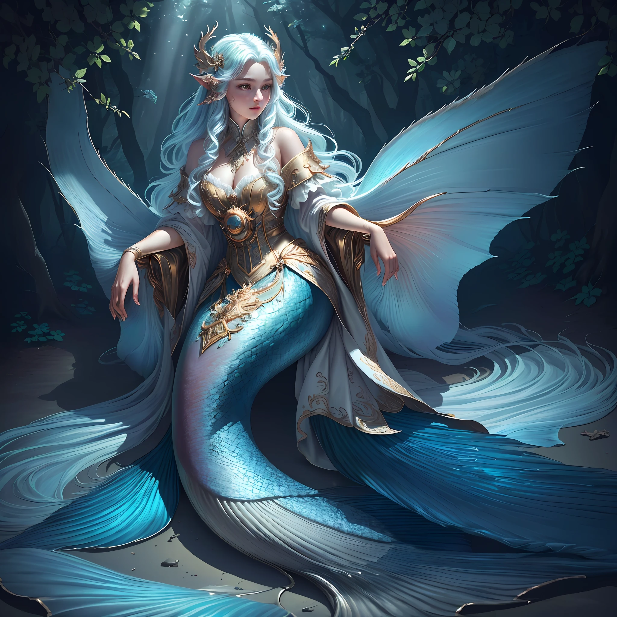 Masterpiece, best quality, (very detailed CG unified 8k wallpaper), (best quality), (best illustration), (best shadow), realistic lighting, full body shot, mermaid portrait, fish fin ears, intricate, elegant, very detailed, handsome, very detailed, claws, in the forest, blood, rags, beautiful face, dreamy, medieval, beautiful detailed light