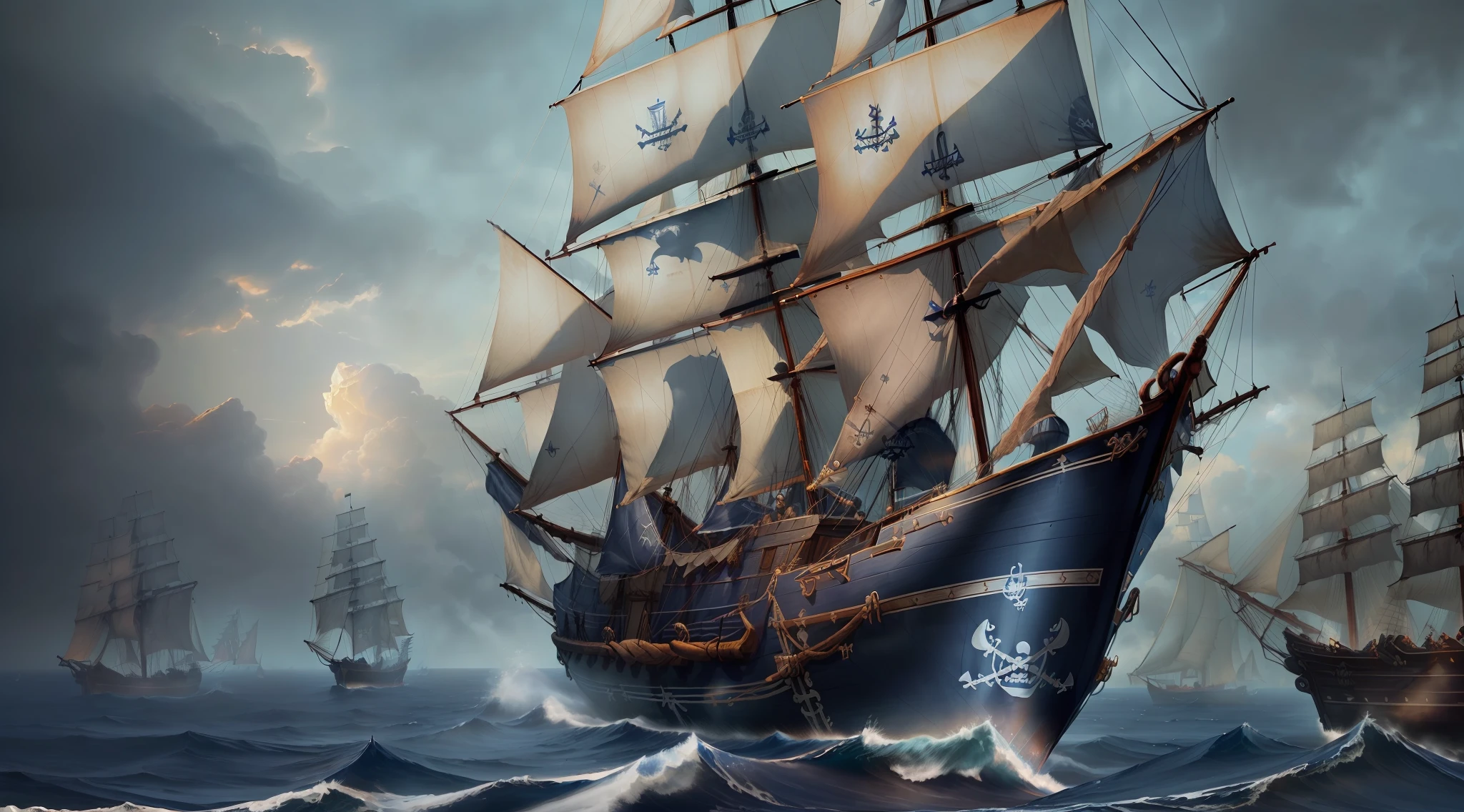 (sails Navy Blue:1.5) (highly detailed RAW color photo, masterpiece, ultra detailed), (medieval pirate theme:1.5) (center:0.6), solo, 1 large pirate ship anchored near the pier, the hull is made of wood and its sails are open (sails Navy Blue:1.5), clear winter morning in the background, beautiful cloudy morning (fog: 1.1) (waves: 1.2) (winter: 1.2) (masterpiece: 1.2) (illustration:  1.1) (best quality: 1.2)  (8k) (HDR) (wallpaper:1.3) (cinematic lighting) (sharp focus) (photography, sky lighting, soft details, artstation trend, ultra high detail, ultra realistic, cinematic, 16k, digital art, Dungeon and Dragons-inspired art)