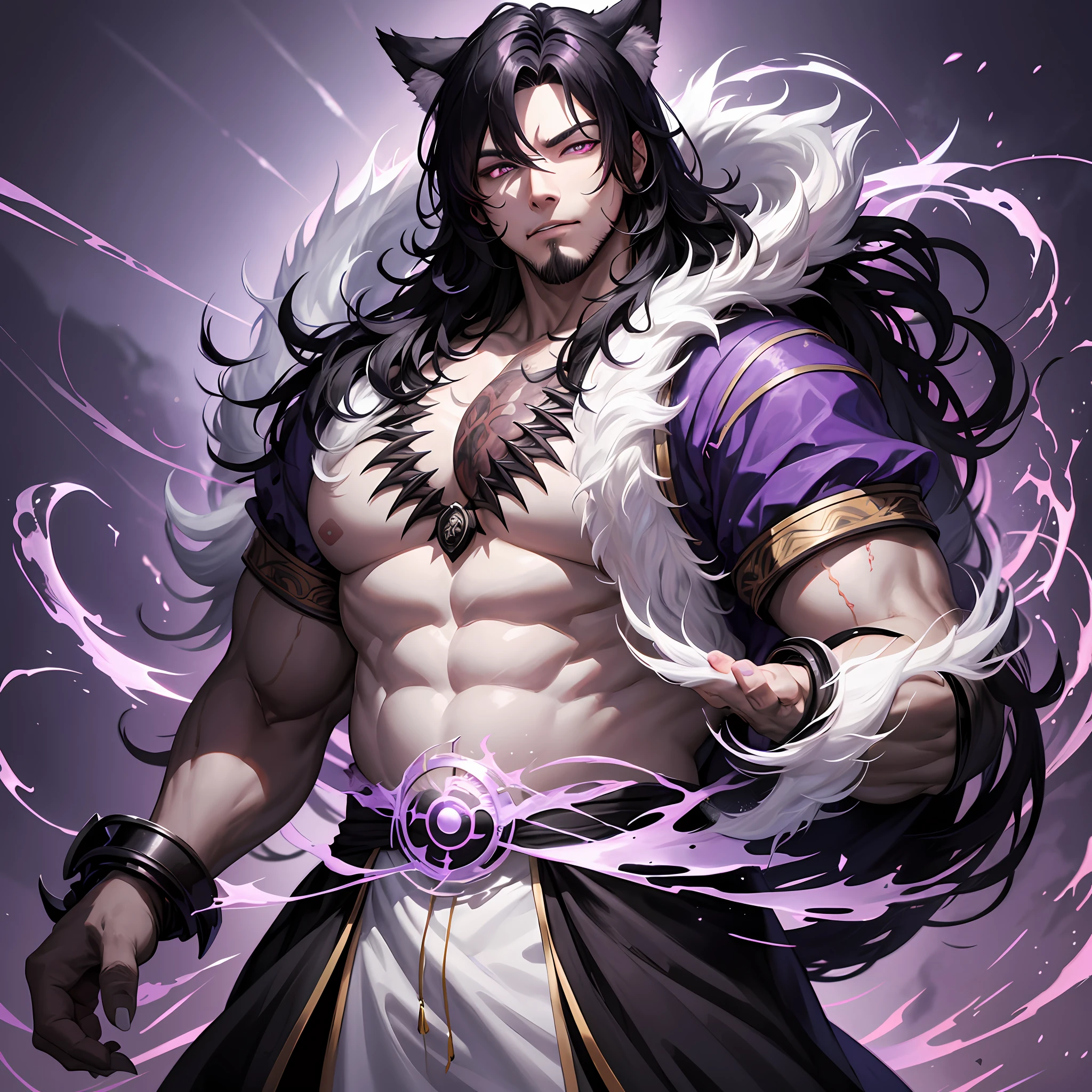 Werewolf, male, male, fat body, Asian, black hair, straight, transforming, ultra realistic, black smoke surrounds the character's body, white clothes with red details typical of Japan, detailed face, object with the same theme, totally purple eyes very bright, claws in place of arms, UHD, super defined details --auto --s2