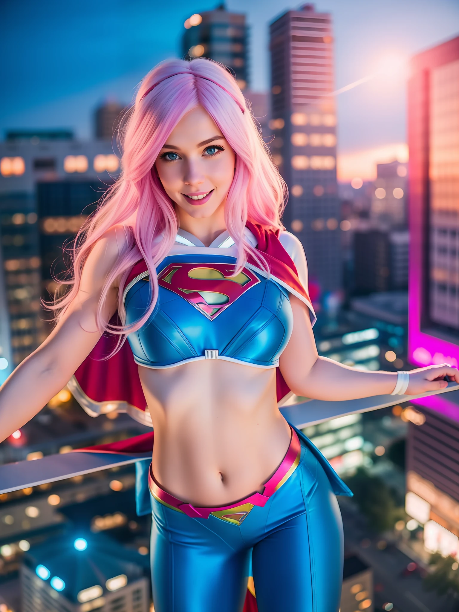 Woman with pink hair white and blue supergirl, super heroine, busy street,cape over shoulders, white super girl cosplay, leggings, on top of a building, city on fire, monsters flying in the sky, braces on teeth, smiling