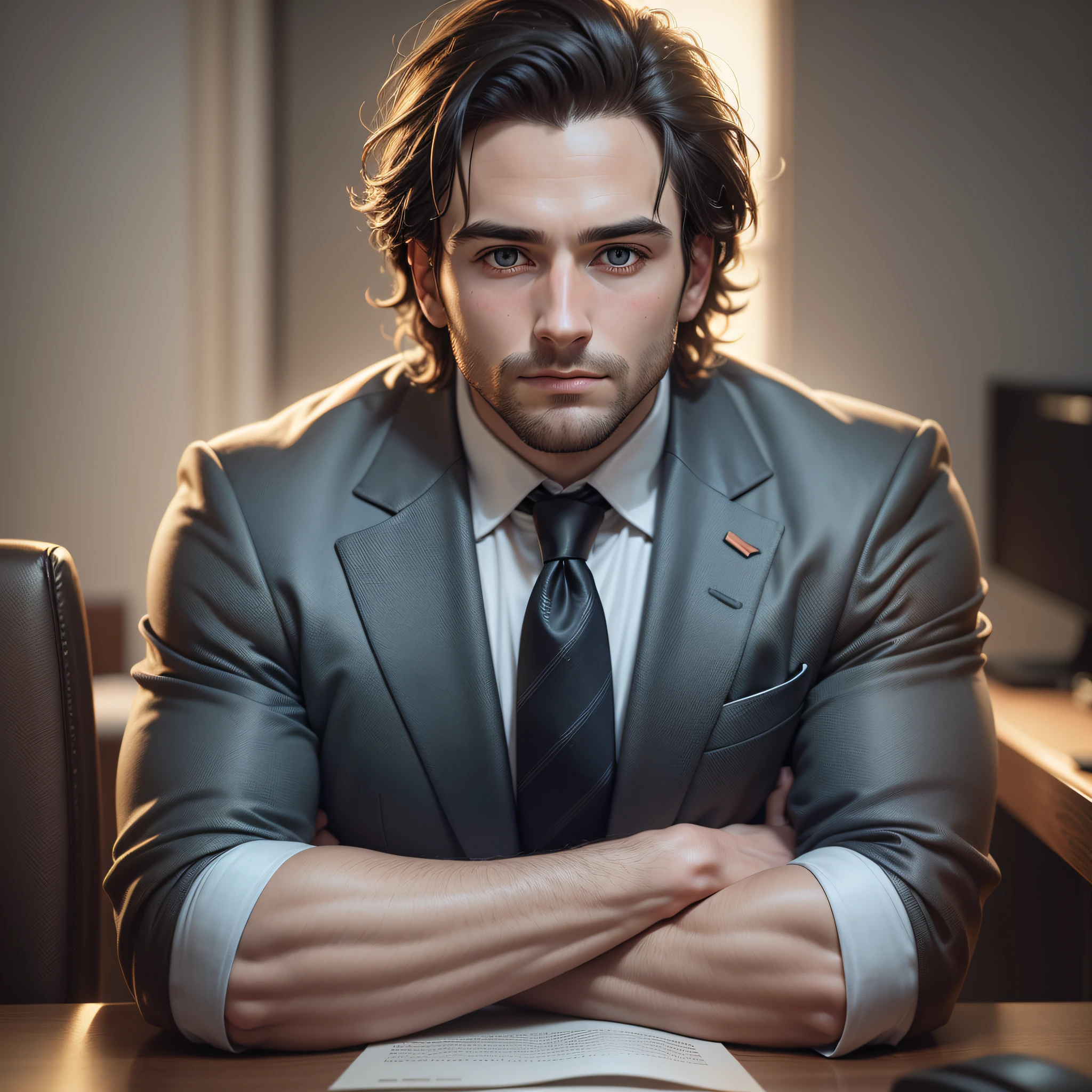 Portrait of a 30-year-old man in suit and tie sitting on a black leather chair, with his arms on the table, Office, body and head straight in the photo and facing the viewer of the photo, Office, eyes staring at the lens, appears shoulders and head in the photo, man centered in the photo, blurred background, 8k, best quality, masterpiece, realistic, realistic photo, movie photo, ultra realistic, 1 person, detailed, perfect lighting, DSRL, professional photo, 4k. --auto --s2