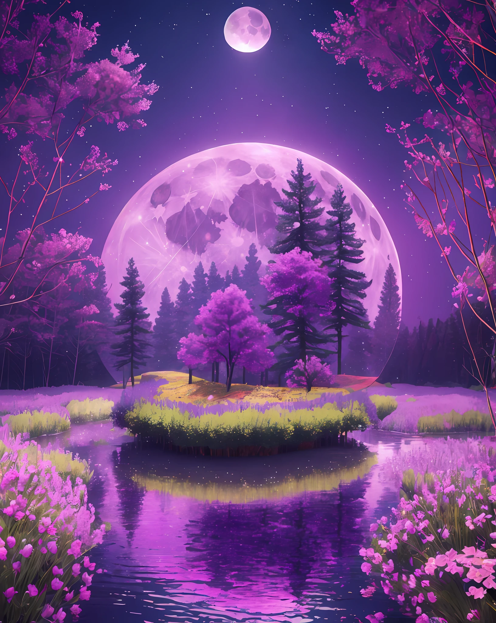 a highly detailed and colorfull forest Crossing by a river with
giant purple moon, enclosed in a Giant jar. 8k, octane render, Intricate hyperdetails, Symmetrical, --auto --s2