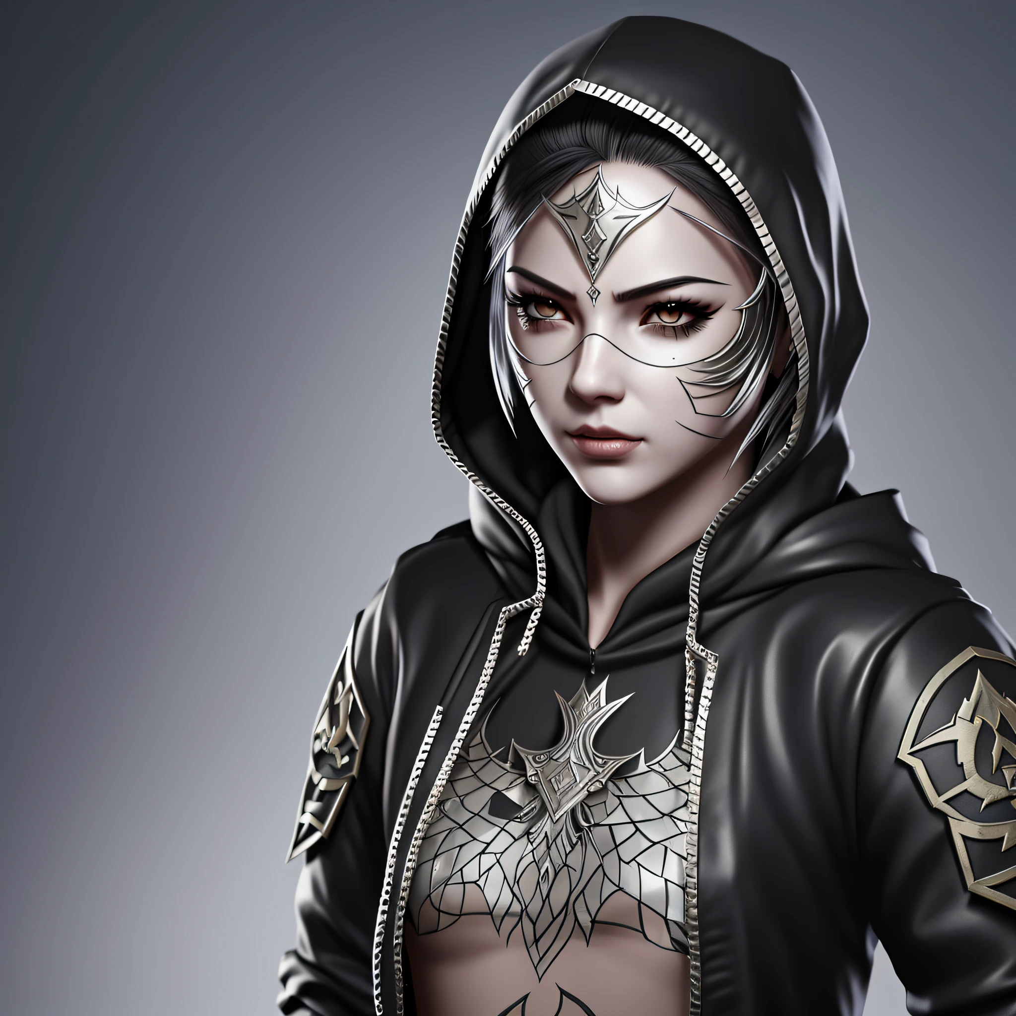 Create a character with the transparent background, in the killer style with daggers, hood and masks, but showing the eyes, realistic in the Games style, but the character needs to be female --auto --s2