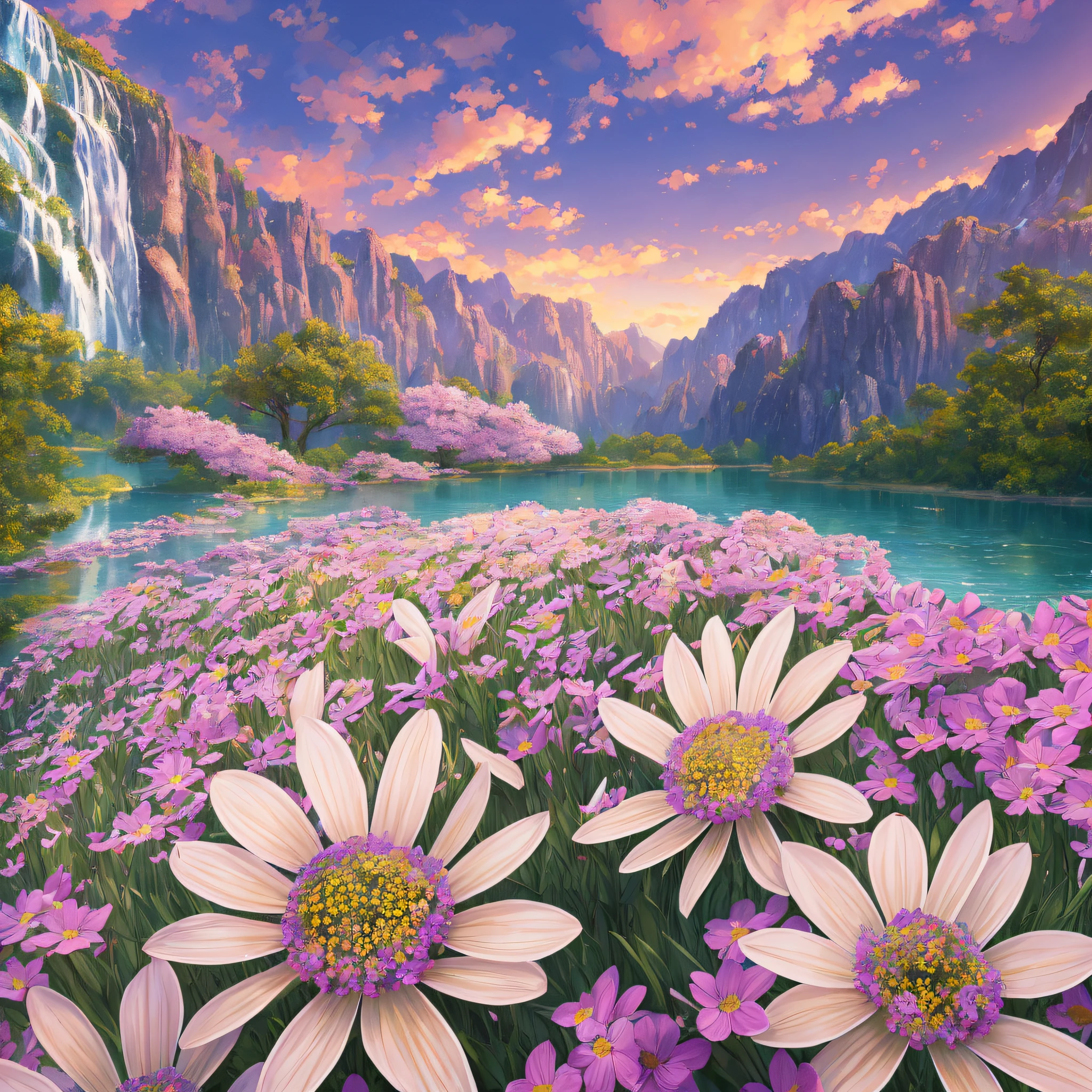 masterpiece, best quality, high quality, extremely detailed CG wallpaper unit 8k, landscape, outdoor, flower, cloud, day, no humans, plain, landscape, colorful flowers, water, tree, waterfall, , nature, lake, river, Bokeh, depth of field, HDR, flower, chromatic aberration, photorealistic, extremely detailed, trend in artstation, trend in CGsociety, intricate, high detail, dramatic, art through the journey --auto --s2