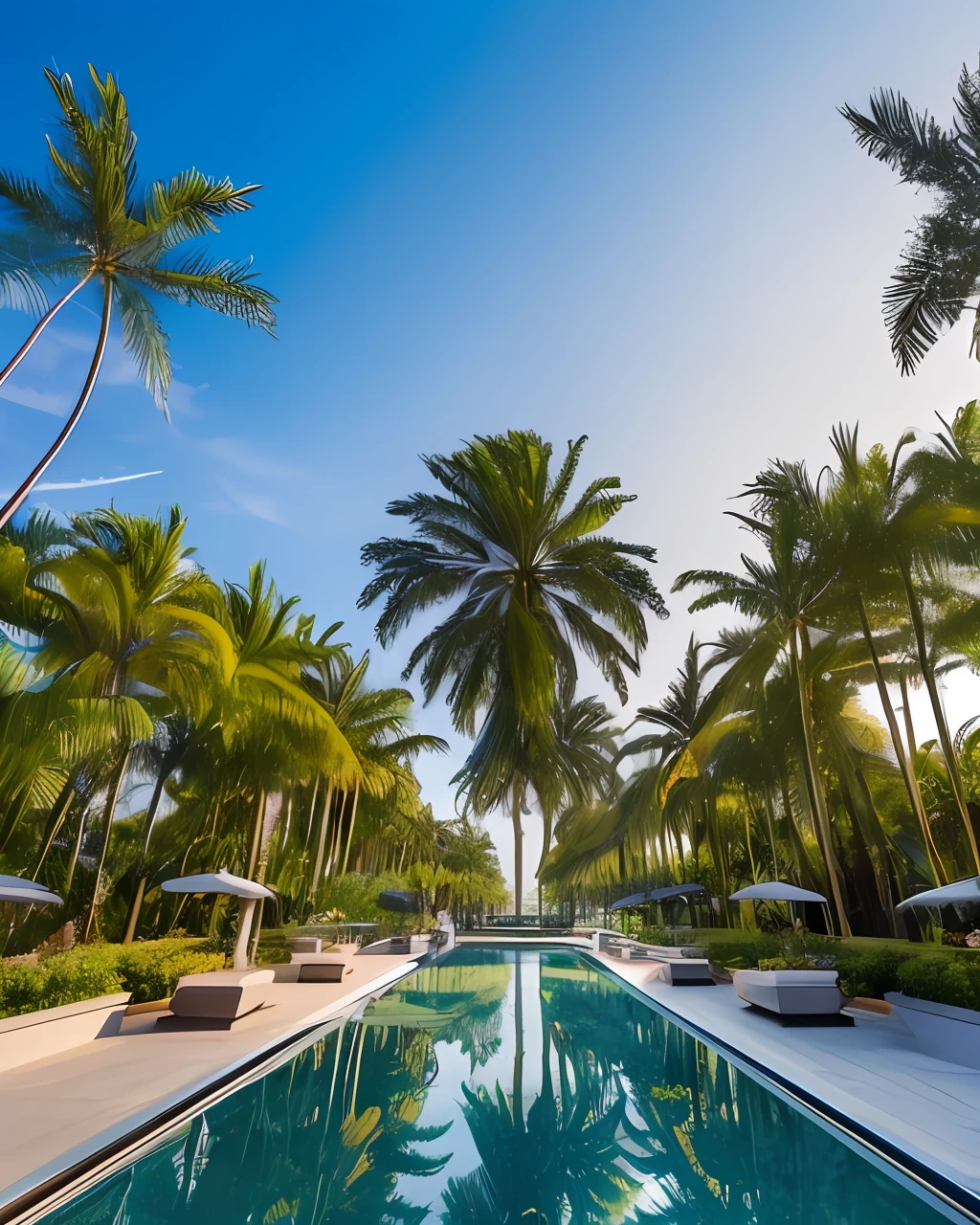 In this shot, witness the profound transformation of a place as towering palms stand tall against the sky, their leaves swaying gently in the breeze. The architecture surrounding them is unlike anything you've seen before—a blend of futuristic design and traditional elements. Experiment with a tilt-shift lens to emphasize the surreal nature of this scene. --auto --s2