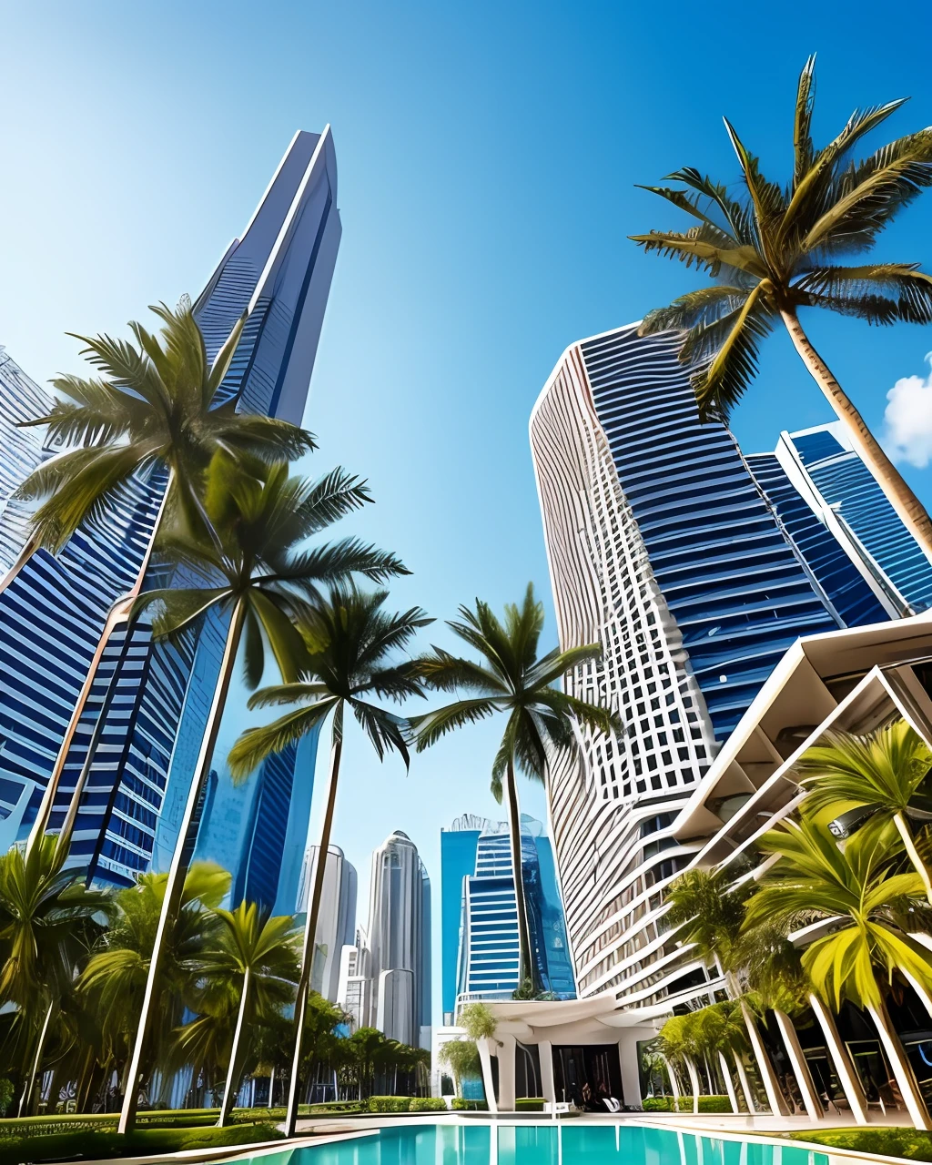 In this shot, witness the profound transformation of a place as towering palms stand tall against the sky, their leaves swaying gently in the breeze. The architecture surrounding them is unlike anything you've seen before—a blend of futuristic design and traditional elements. Experiment with a tilt-shift lens to emphasize the surreal nature of this scene. --auto --s2