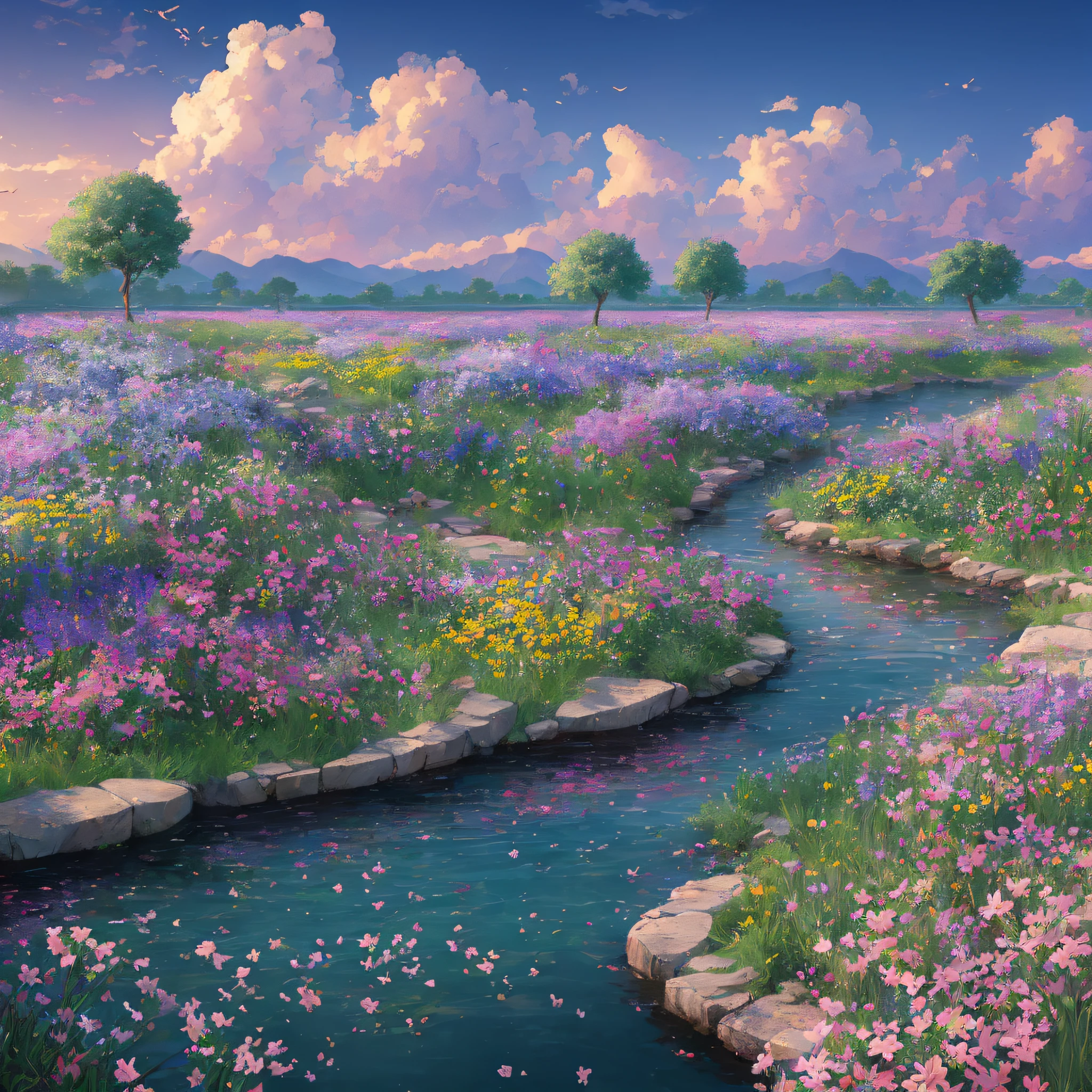 masterpiece, best quality, high quality, extremely detailed CG wallpaper unit 8k, landscape, outdoor, flower, cloud, day, no humans, plain, landscape, colorful flowers, water, tree, waterfall, , nature, lake, river, Bokeh, depth of field, HDR, flower, chromatic aberration, photorealistic, extremely detailed, trend in artstation, trend in CGsociety, intricate, high detail, dramatic, art through the journey --auto --s2