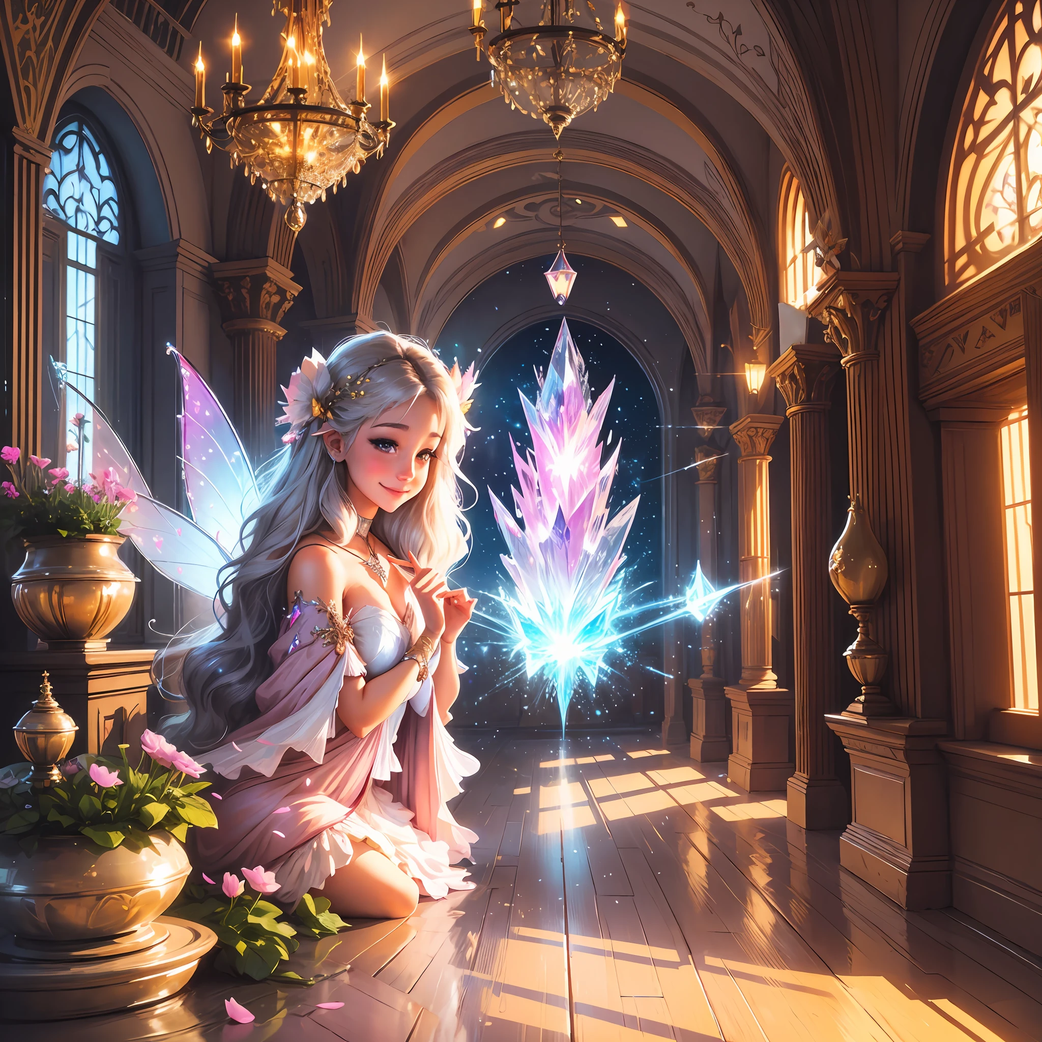 fairy, fantasy art, love, cute smile, cloud, heaven, light, glitter, crystal, happiness --auto --s2