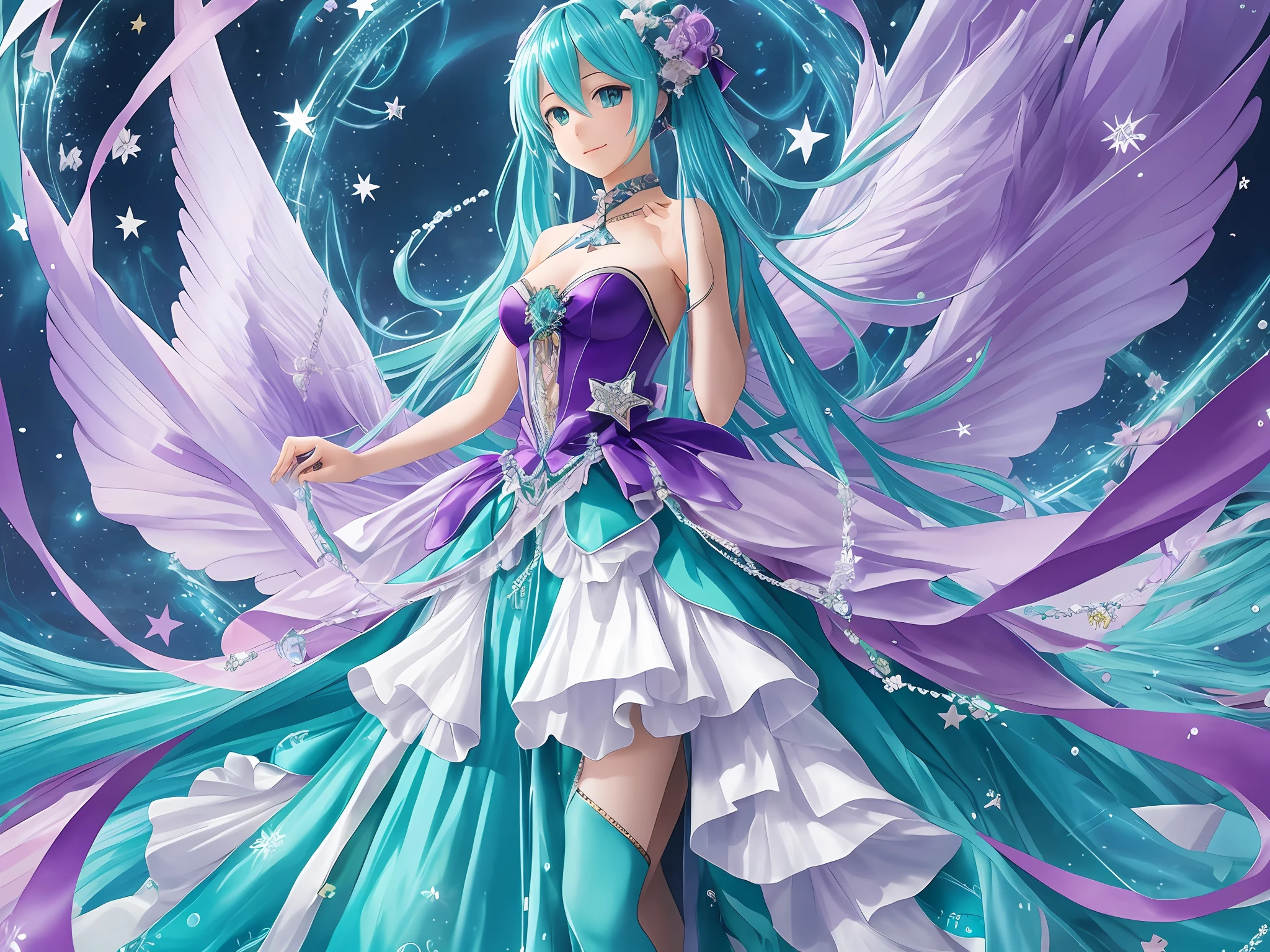 The subject in this picture is an anime character, and this character is Hatsune Miku. In the picture, she is wearing a gorgeous blue and purple gown, and she is holding a card with joker written on it. Hatsune Miku's gown has a lot of details and her gloves have some decoration. Viewing the image, the figure is a fantasy anime style illustration with some surreal elements present, while the overall is a cooler tone, dominated by blue and purple, and the overall shows a slight diagonal composition, while Hatsune Miku's body shows a slightly inclined stance. Hatsune Miku's expression is smiling, and her eyes are drawn quite fine, the eyes are mainly blue-green and with a little purple accent, looks very deep and delicate, the eyes have some mysterious and provocative meaning. In the picture, Hatsune Miku's wrists and neck have some decorations, her chest has a bow, and her back hair is scattered and colorful, with some dreamy embellishments on her hair. There is a small white bird in the lower left corner of the picture, with some small star-shaped embellishments around the bird, adding to the visual richness. There is no clear light source in the illustration, but there are some reflections and shadows on Hatsune Miku's dress and hair, adding a sense of three-dimensionality and movement. The background of this image is relatively simple, without too many distracting elements.