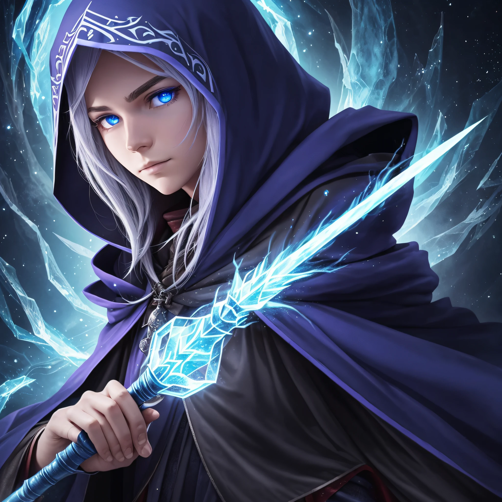 Create an ice mage character with hood and cloak and showing his powers and magic staff --auto --s2