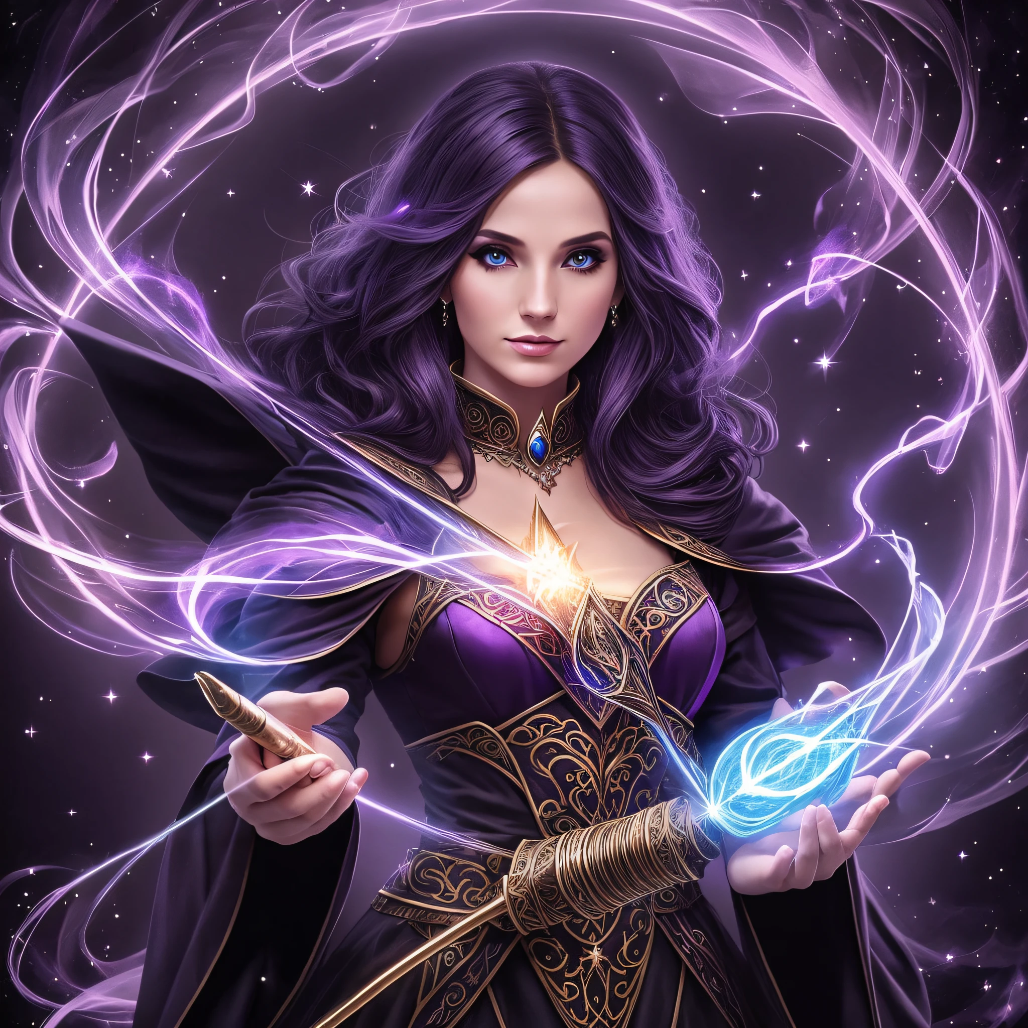 create a character dressed in a witch costume holding a shining wand, female mage conjuring a spell, dark fantasy female mage, female sorceress portrait, beautiful female sorceress, female magician, --auto --s2
