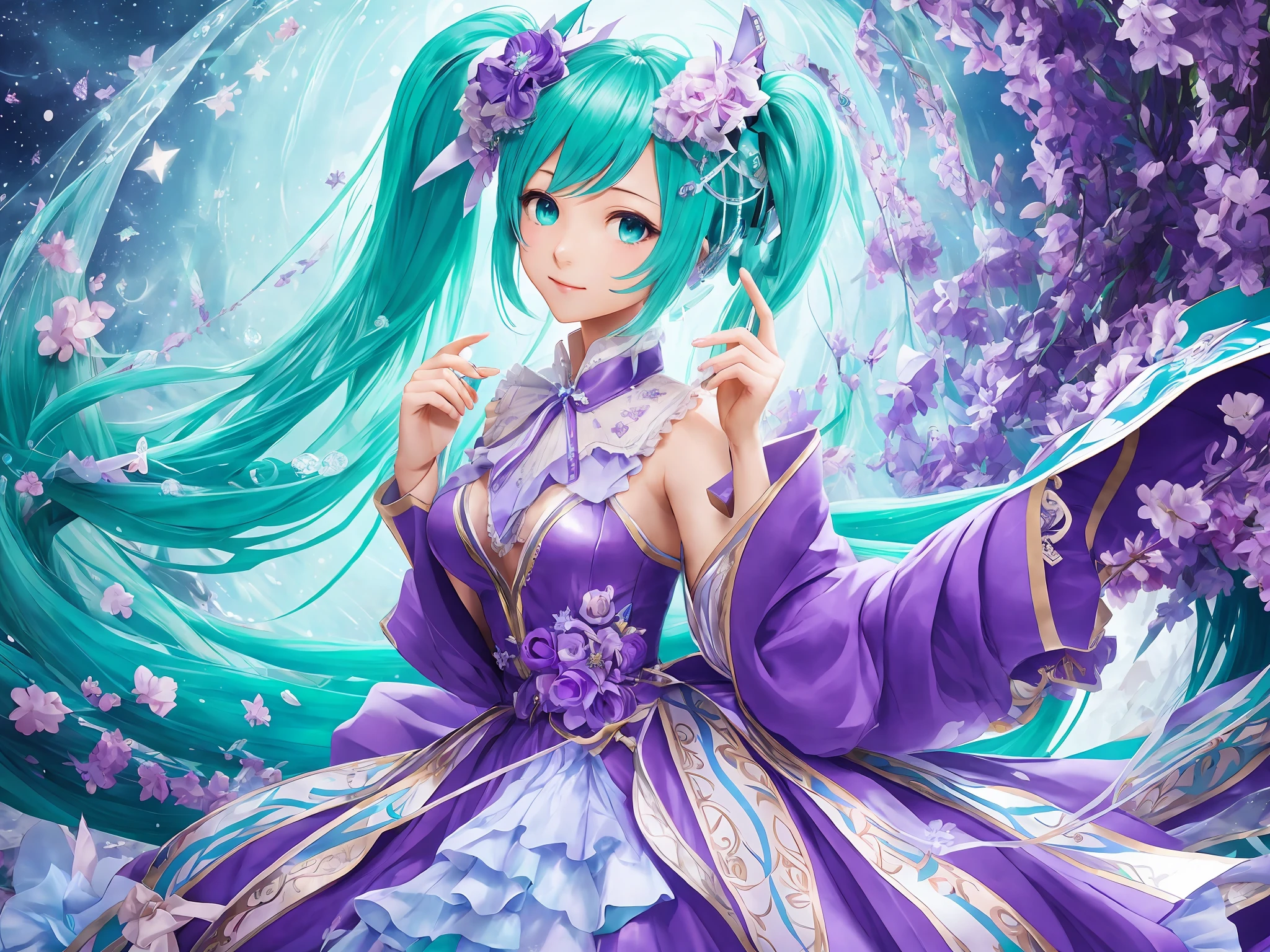 The subject in this picture is an anime character, and this character is Hatsune Miku. In the picture, she is wearing a gorgeous blue and purple gown, and she is holding a card with joker written on it. Hatsune Miku's gown has a lot of details and her gloves have some decoration. Viewing the image, the figure is a fantasy anime style illustration with some surreal elements present, while the overall is a cooler tone, dominated by blue and purple, and the overall shows a slight diagonal composition, while Hatsune Miku's body shows a slightly inclined stance. Hatsune Miku's expression is smiling, and her eyes are drawn quite fine, the eyes are mainly blue-green and with a little purple accent, looks very deep and delicate, the eyes have some mysterious and provocative meaning. In the picture, Hatsune Miku's wrists and neck have some decorations, her chest has a bow, and her back hair is scattered and colorful, with some dreamy embellishments on her hair. There is a small white bird in the lower left corner of the picture, with some small star-shaped embellishments around the bird, adding to the visual richness. There is no clear light source in the illustration, but there are some reflections and shadows on Hatsune Miku's dress and hair, adding a sense of three-dimensionality and movement. The background of this image is relatively simple, without too many distracting elements.