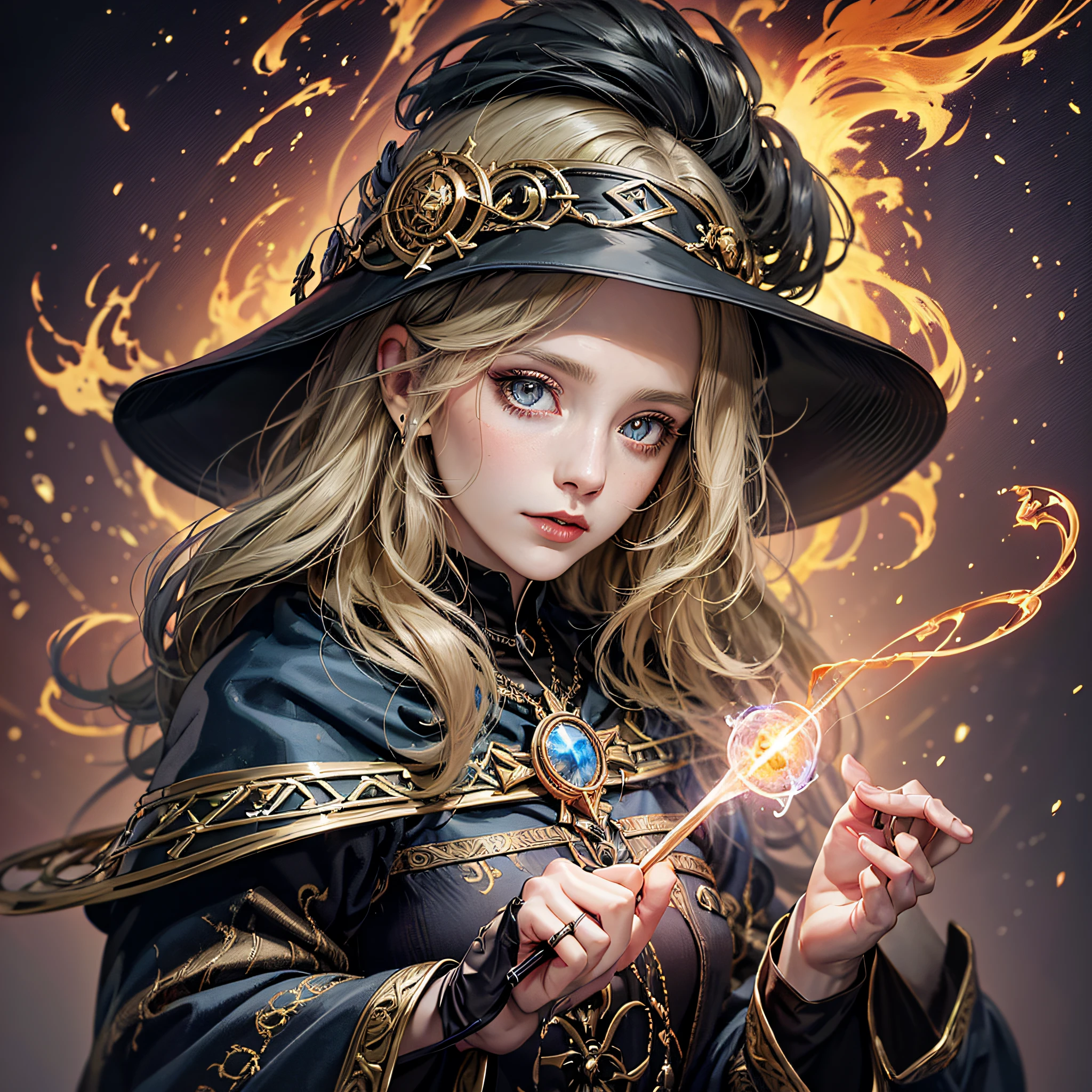 Dressed in a witch costume holding a bright wand, female mage conjuring a spell, dark fantasy female mage, female sorceress portrait, beautiful female sorceress, female mage, female fire mage, fire mage character --auto --s2