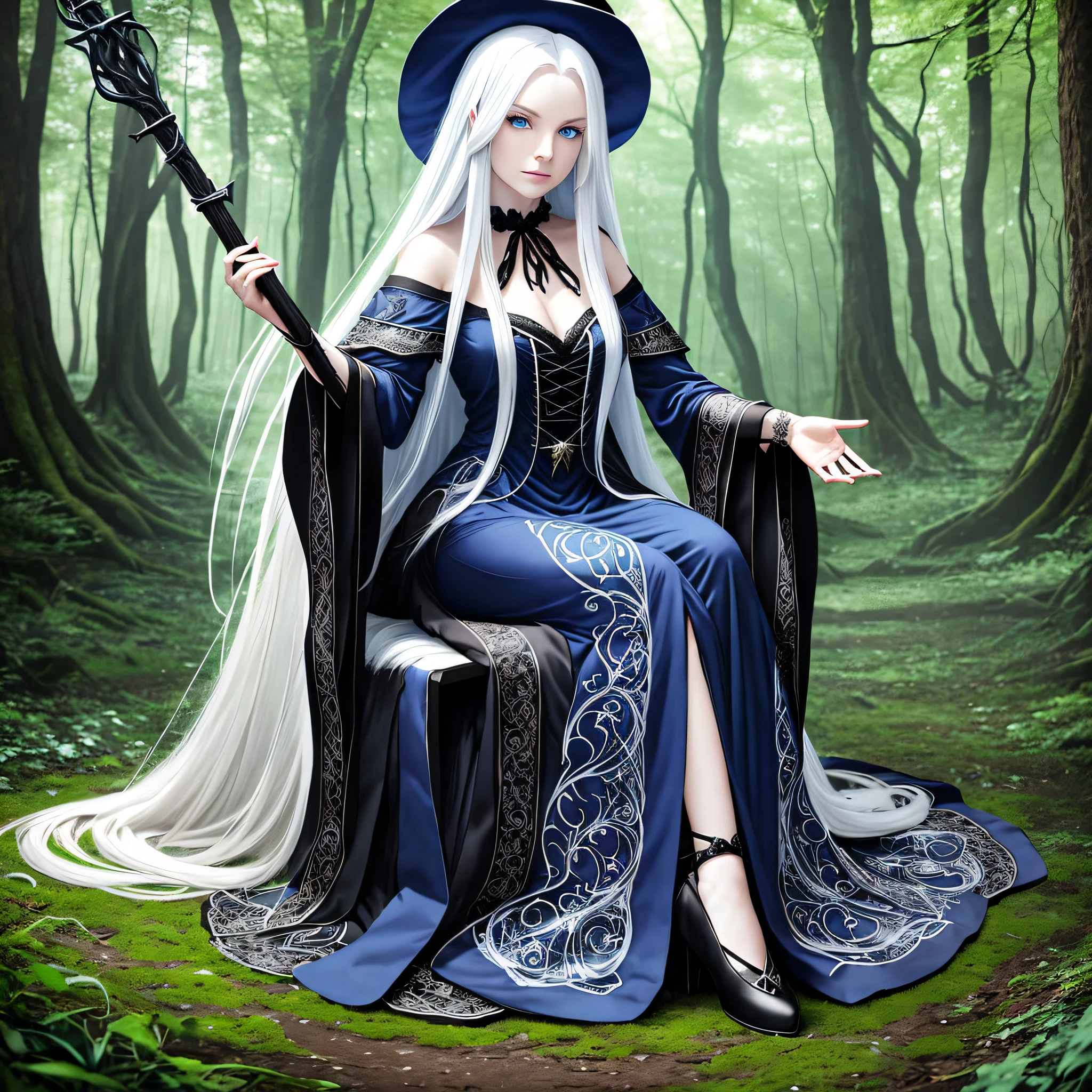 realistic witch woman long white hair blue eyes white skin black dress sitting on a throne with staff on
Black cat hand on its feet image background enchanted forest forest --auto --s2