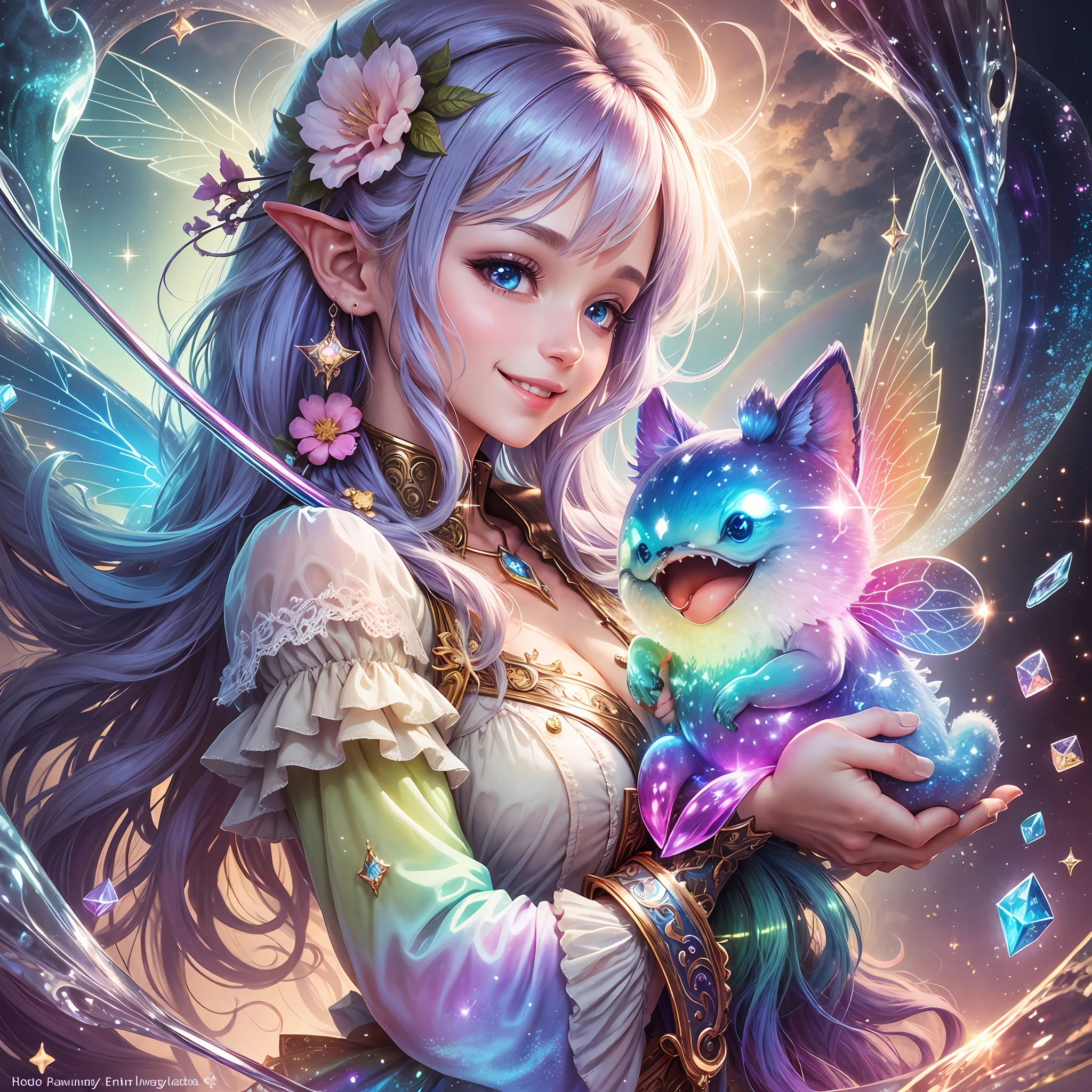 fairy, fantasy art, love, cute smile, cloud, heaven, light, glitter, crystal, rainbow, happiness --auto --s2