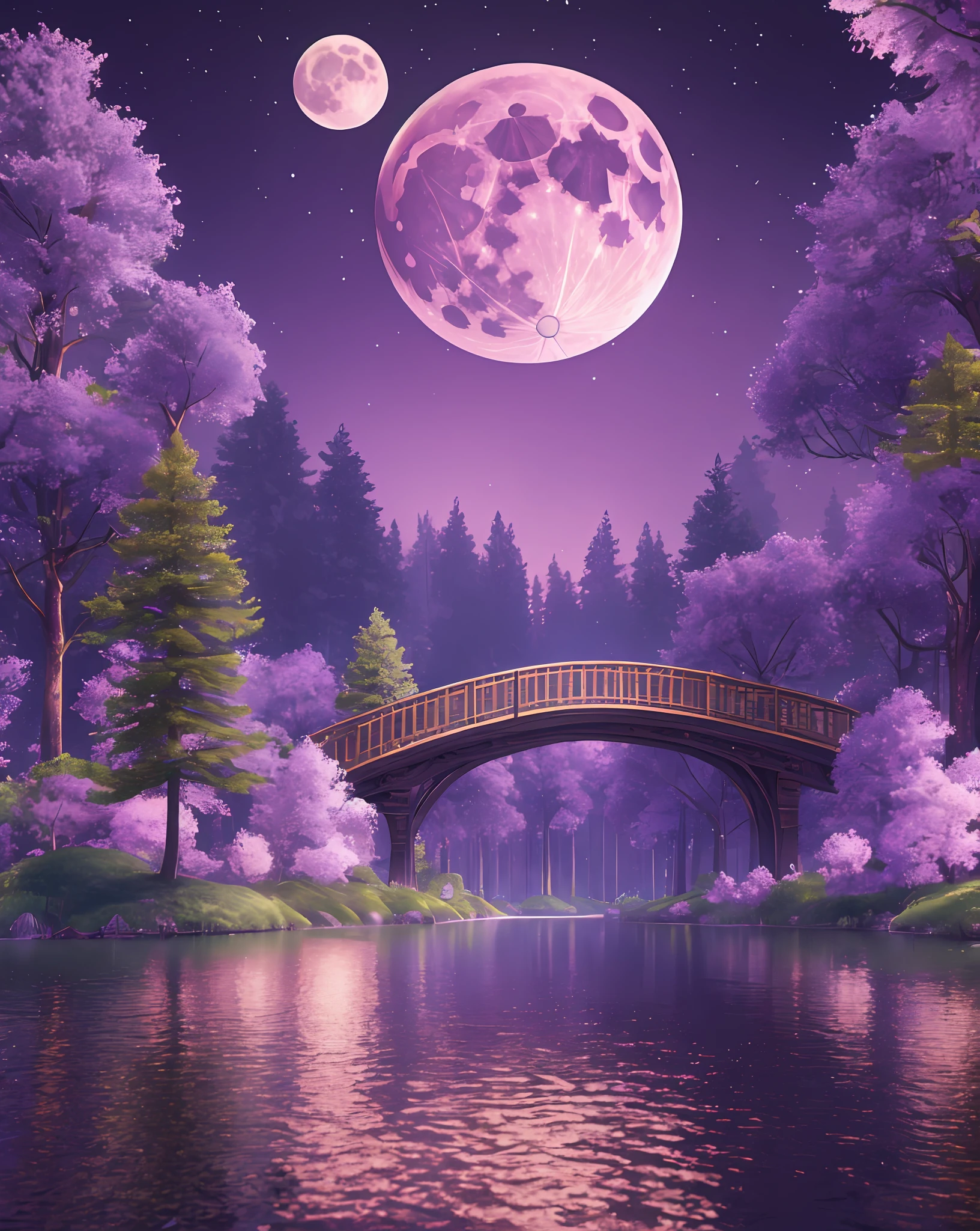 a highly detailed and majestic forest Crossing by a river with a giant purple moon in the background enclosed in a Giant jar. 8k, octane render, Intricate hyperdetails, Symmetrical, --auto --s2