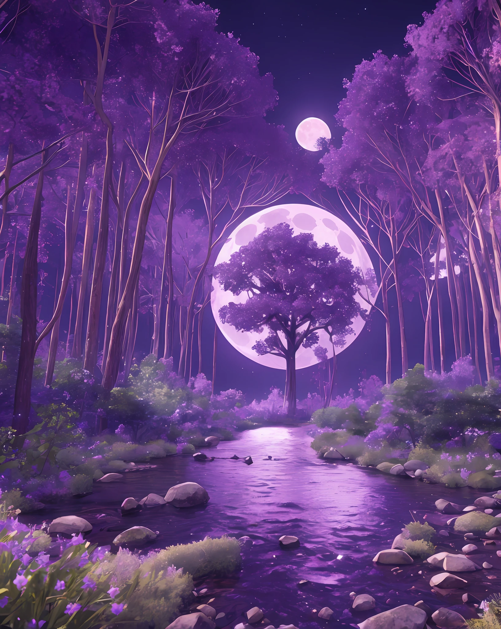 a highly detailed and majestic forest Crossing by a river with a giant purple moon in the background enclosed in a Giant jar. 8k, octane render, Intricate hyperdetails, Symmetrical, --auto --s2