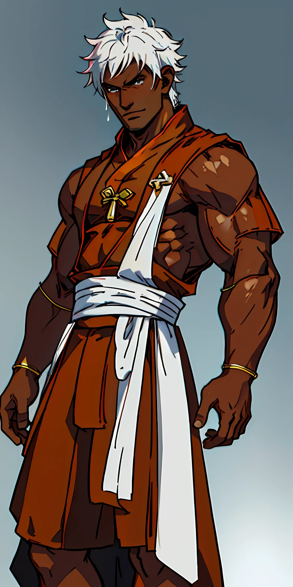 ((masterpiece, best quality)), (complex light), (((black skinned monk man))) solo, foco solo,1boy, young, white  hair, simple background, dynamic pose, highly detailed character design, d & d fantasy character, final fantasy character, fantasy d&d character, rpg concept art character, high quality character design,