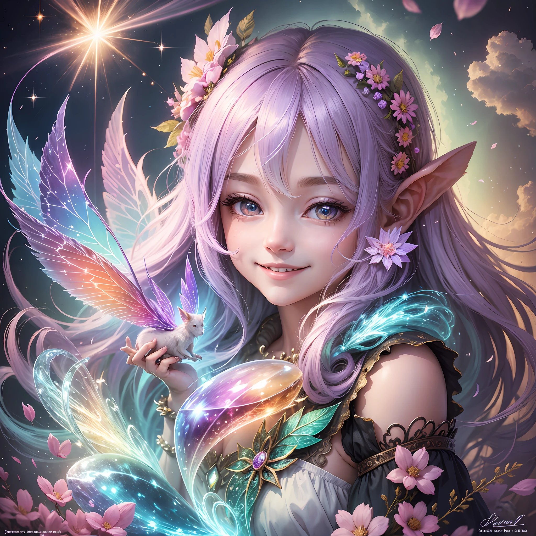 fairy, fantasy art, love, cute smile, cloud, heaven, light, glitter, crystal, rainbow, happiness --auto --s2