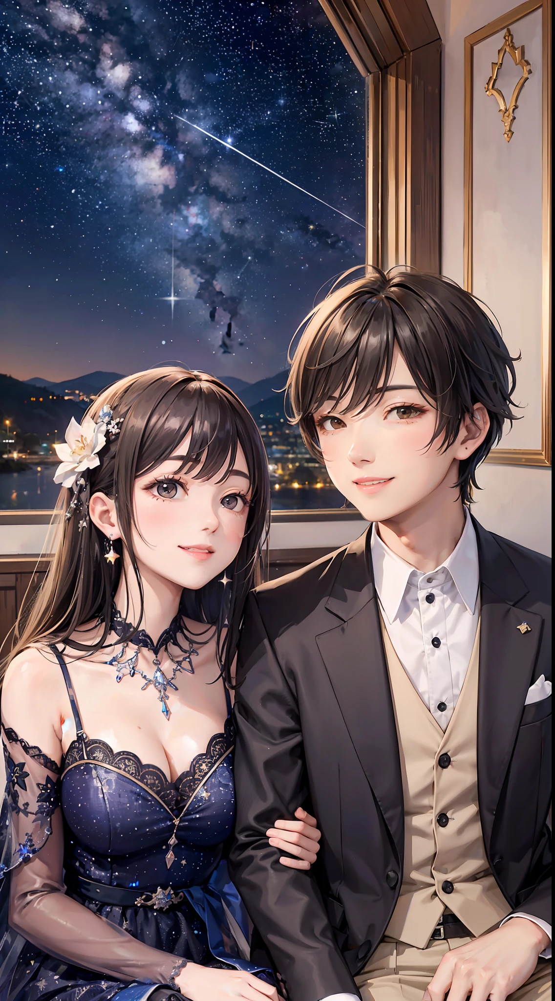 smiling, Meteor shower in a starry sky, a couple sitting together looking at the stars, masterpiece, best quality, intricate detail, absurdres --auto --s2