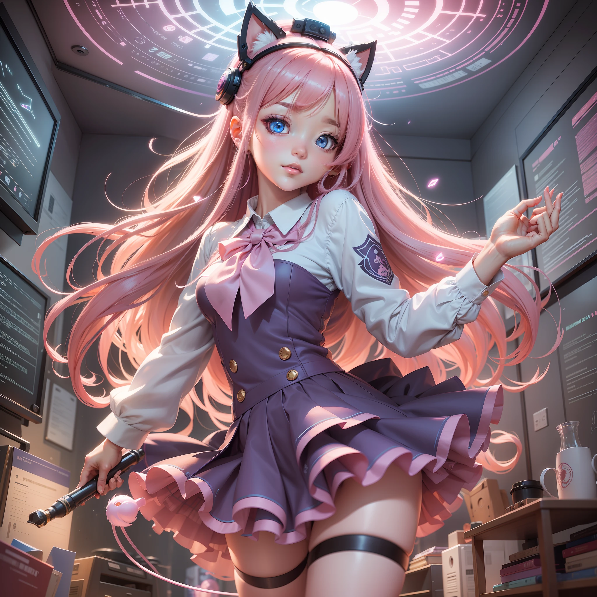 ultra detailed cute girl with school uniform and long pink hair, (blueyed) full body, surrounded by musical notes, dynamic pose, light particles, stuningly detailed girly room, ultra detailed illustration by hayao miyazaki and Loish, wlop, league of legends, jrpg, zoomed, hit definition, contrasting colors, colorful holographic, 32k resolution, best quality, volumetric lighting, best quality, masterpiece, very high saturation