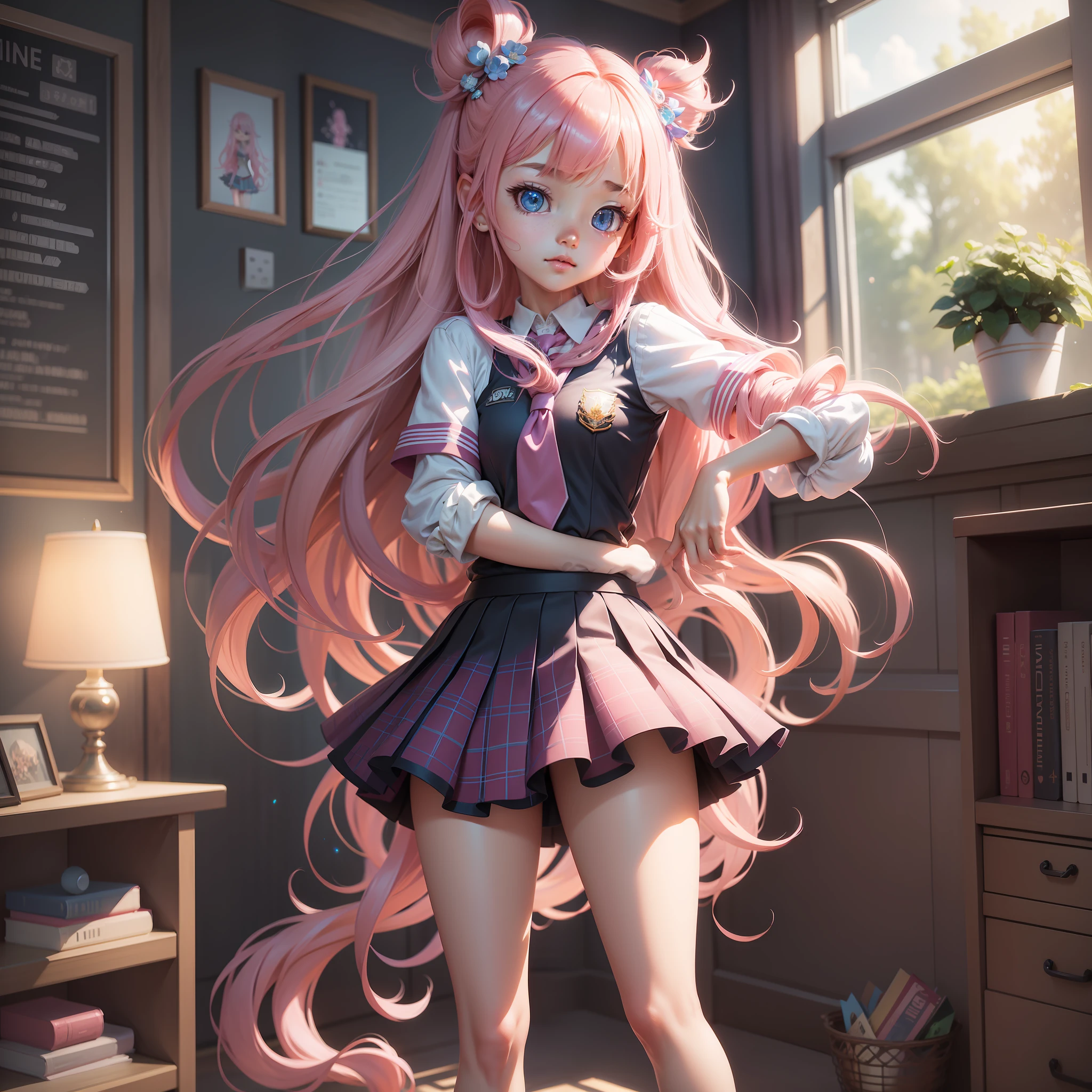 ultra detailed cute girl with school uniform and long pink hair, (blueyed) full body, surrounded by musical notes, dynamic pose, light particles, stuningly detailed girly room, ultra detailed illustration by hayao miyazaki and Loish, wlop, league of legends, jrpg, zoomed, hit definition, contrasting colors, colorful holographic, 32k resolution, best quality, volumetric lighting, best quality, masterpiece, very high saturation