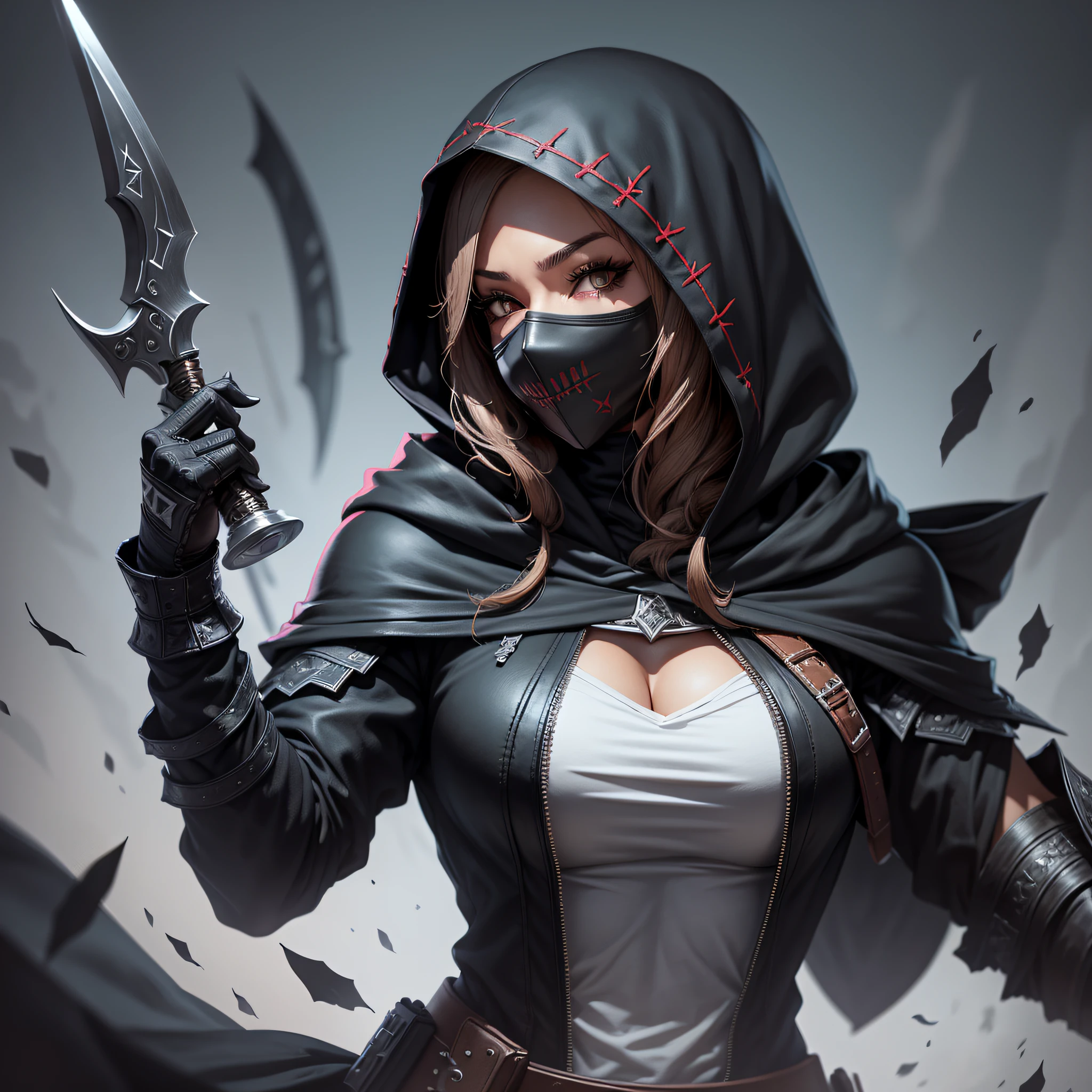 Create a killer character with hood and mask. with black female clothes, assassin with daggers, black colored hood with no background --auto --s2