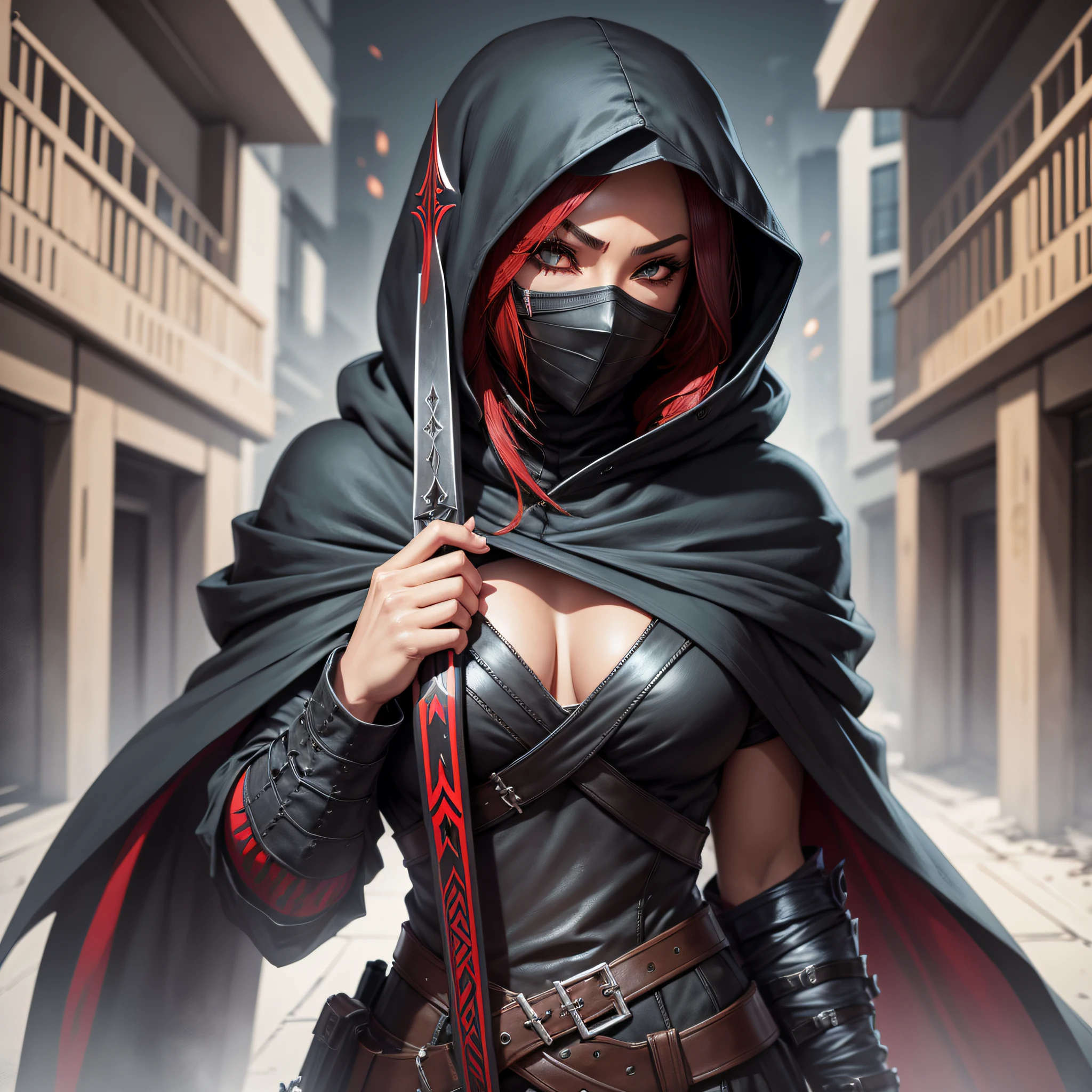 Create a killer character with hood and mask. with black female clothes, assassin with daggers, black colored hood with no background --auto --s2