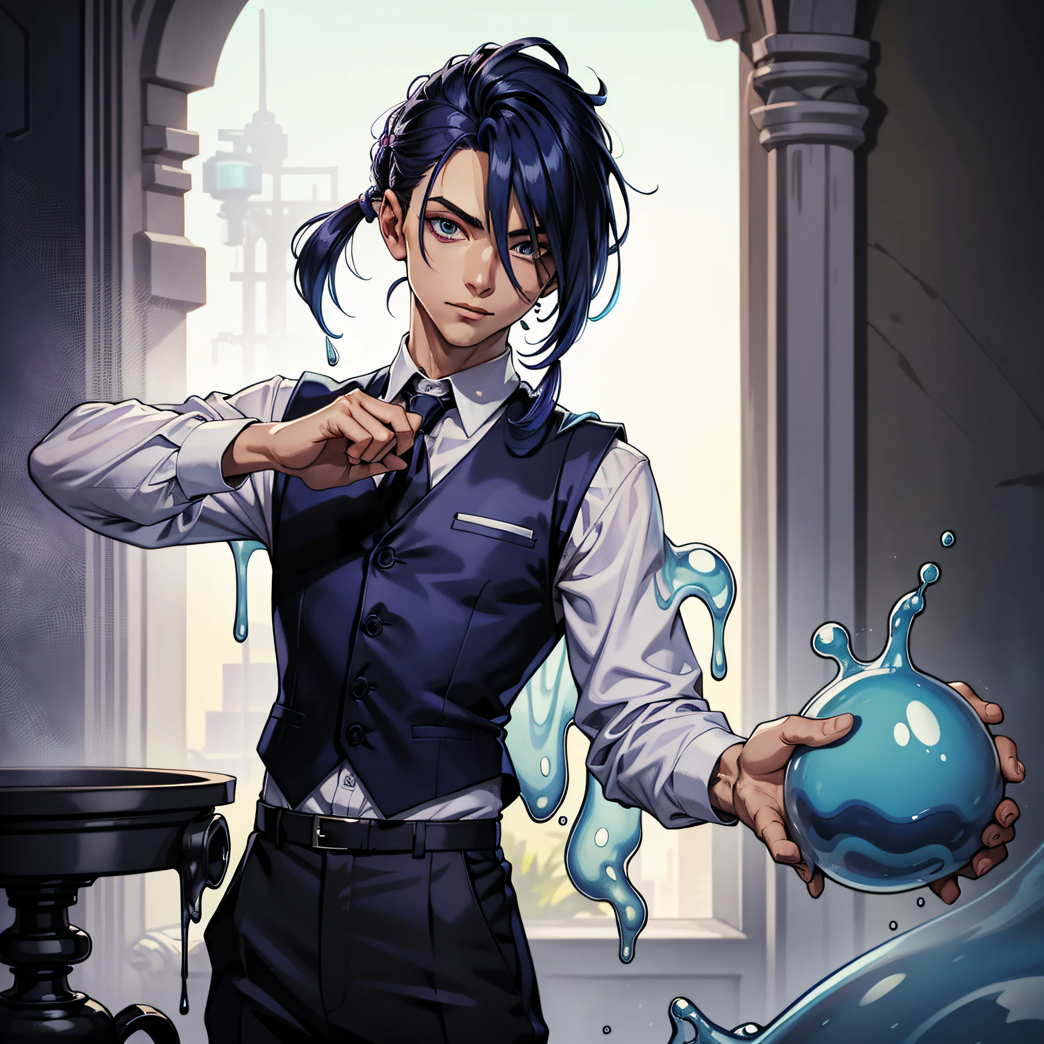 Slime boy, (slime), Slime hair ducktail hair style, purple navy blue, white shirt, black vest, pants, blaster, Masterpiece, Best Quality