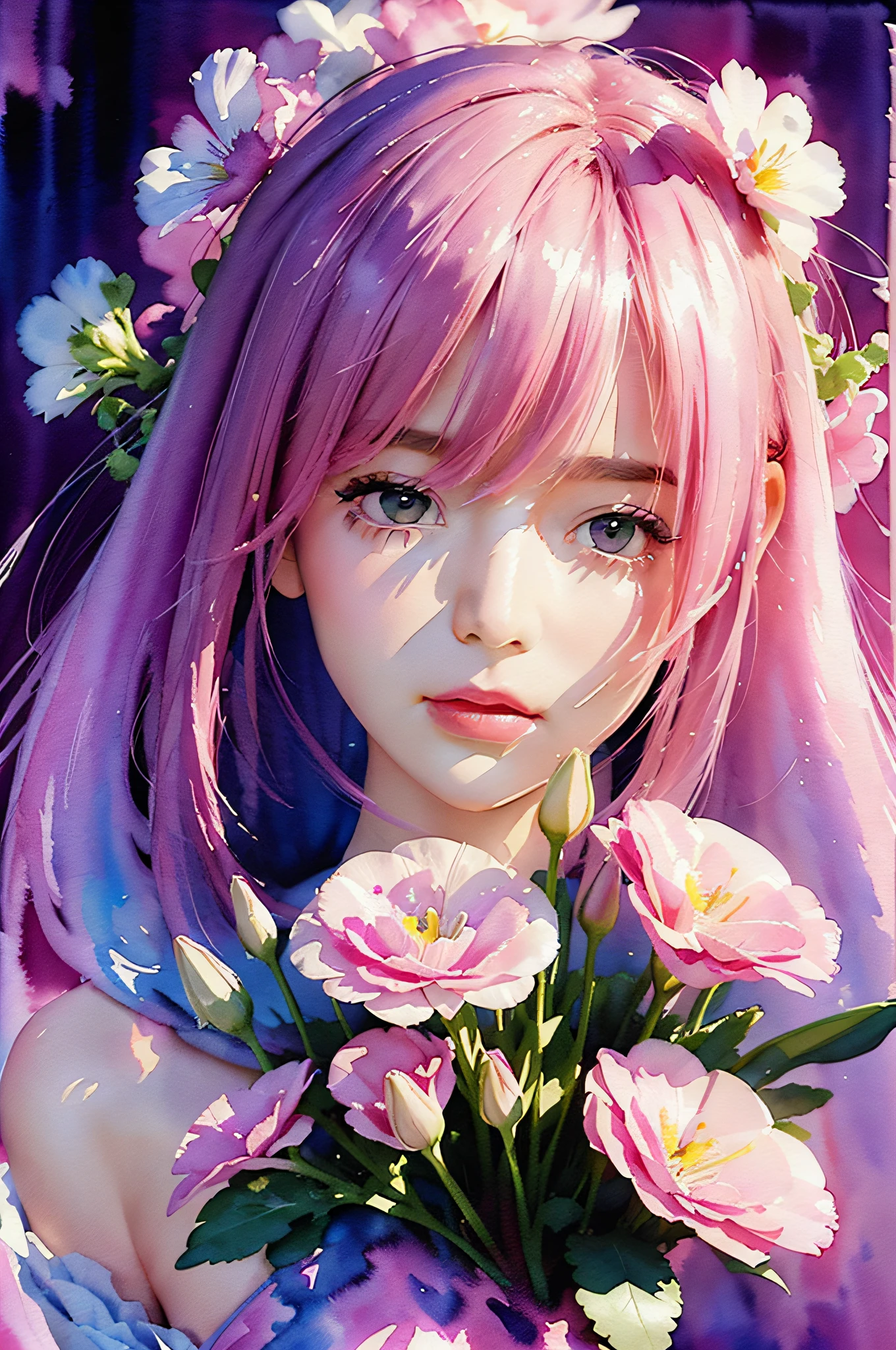 1girl,flower, Lisianthus ,in the style of light pink and light azure, dreamy and romantic compositions, pale pink, ethereal foliage, playful arrangements,fantasy, high contrast, ink strokes, explosions, over exposure, purple and red tone impression , abstract, ((watercolor painting by John Berkey and Jeremy Mann )) brush strokes, negative space,