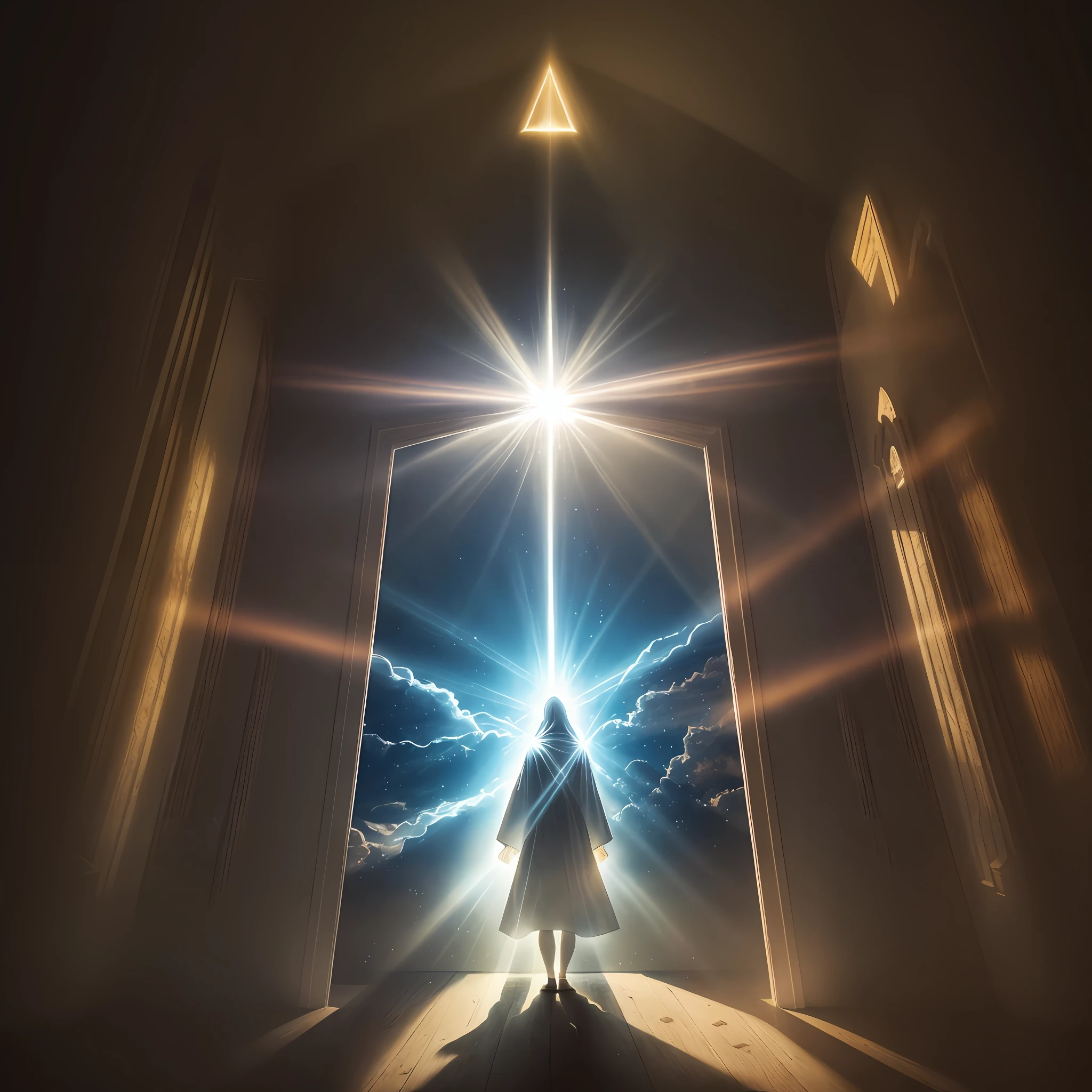 image of a person standing in a door with a light coming through it, exploding with holy light, Easter, rising from a crypt, masterpiece of bright light, rays of sacred sacred light, holy light, beam of light, opening a bright portal, rays of holy light, light bows to it, divine light,