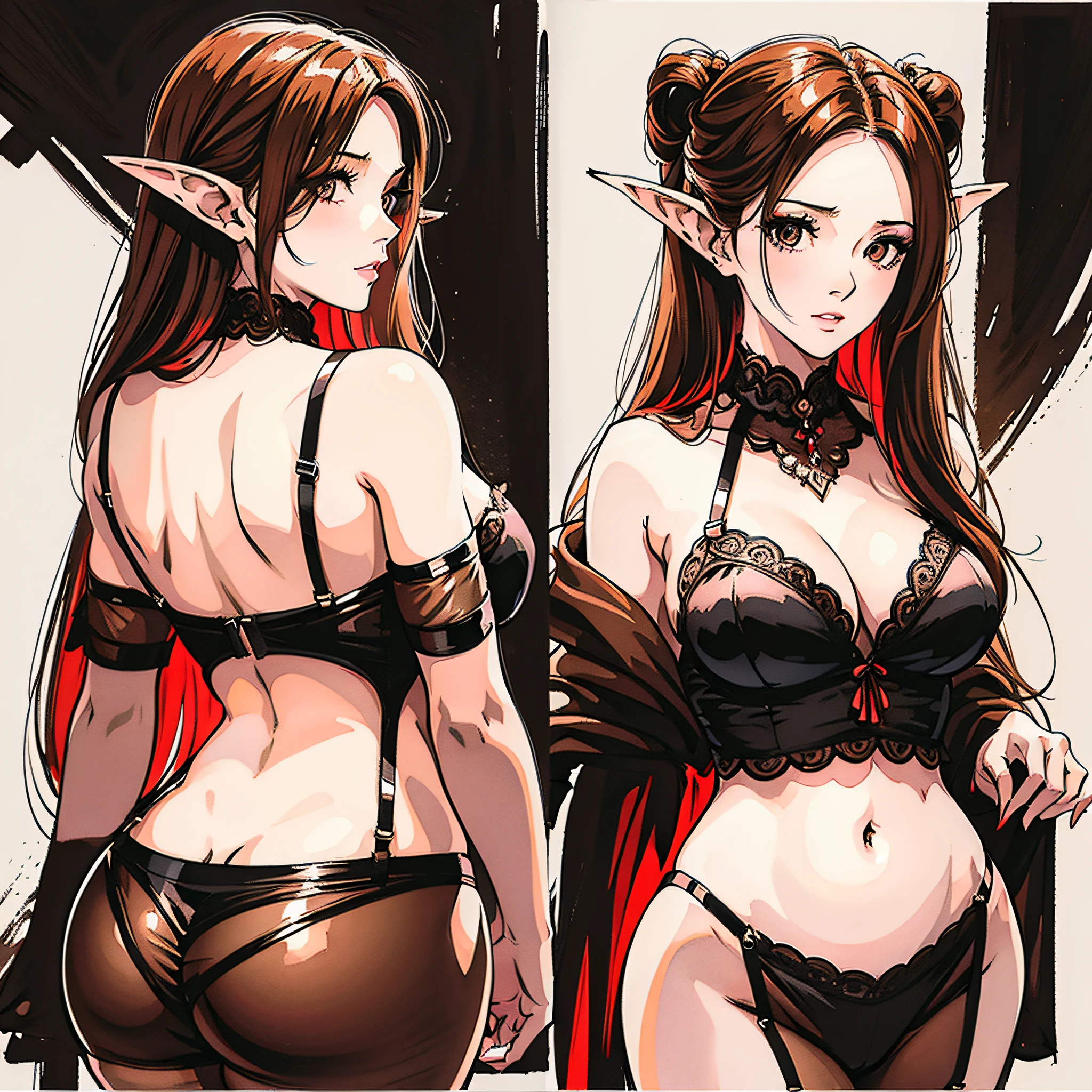 pencil drawing, white background, elf, brown eye, long hair, red hair, big breasts, black lingerie, sensual lingerie, front view, rear view, left view, right view