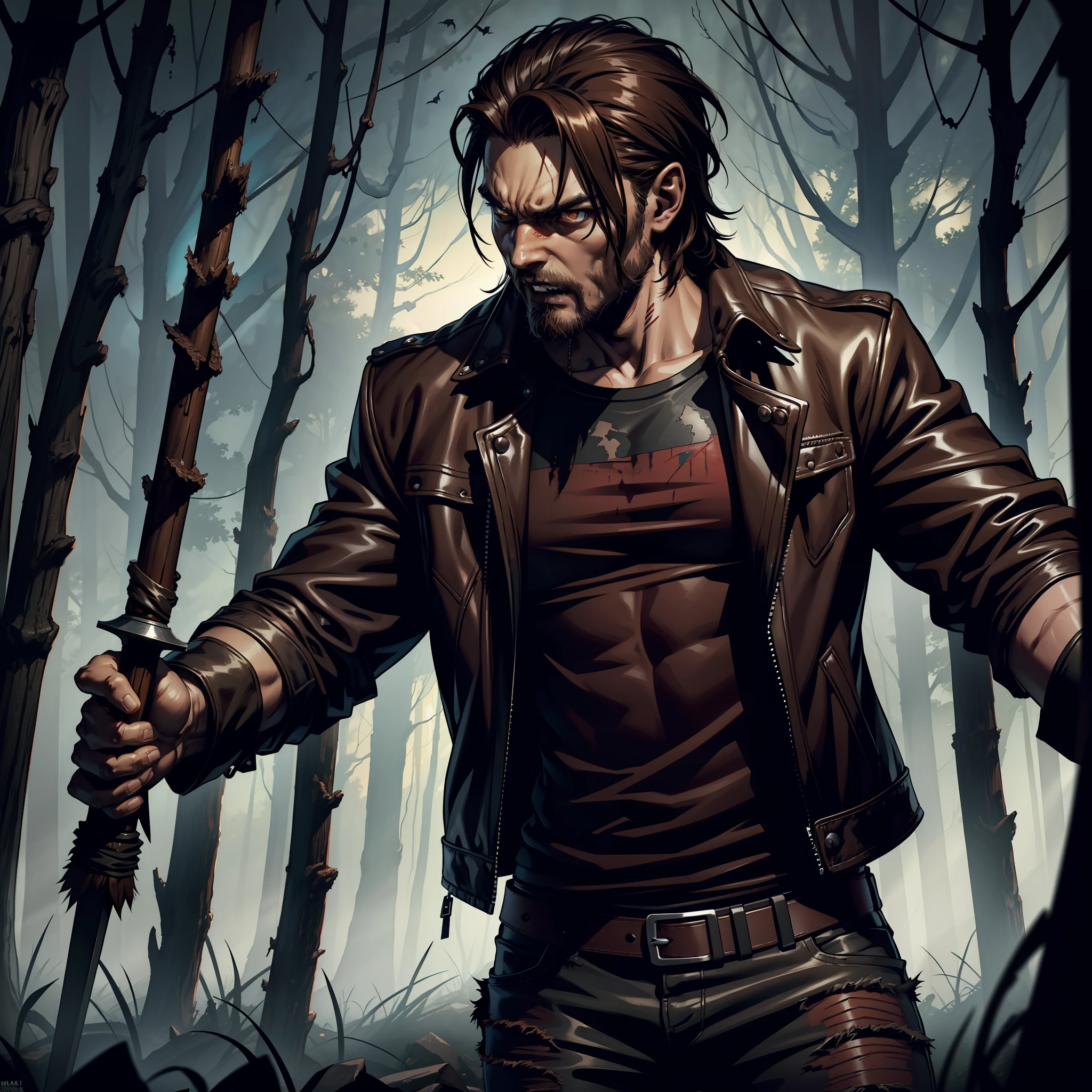(extremely detailed 8k wallpaper), dark theme, Vampire the Masquerade, modern horror, 2020s, man, monstrous, animalistic, wearing battered brown leather jacket and battered t-shirt and jeans, sharp focus, (subsurface scattering:1.1), award-winning photography, centered face, Norman Reedus face, ((a Gangrel vampire)), ((Vampire of the Sabbat)), half-body shot:1.1, medium oily brown hair, Brown beard, supernatural red wolf eyes, angry expression, giant machete in hand, in front of a black forest at night, dramatic lighting