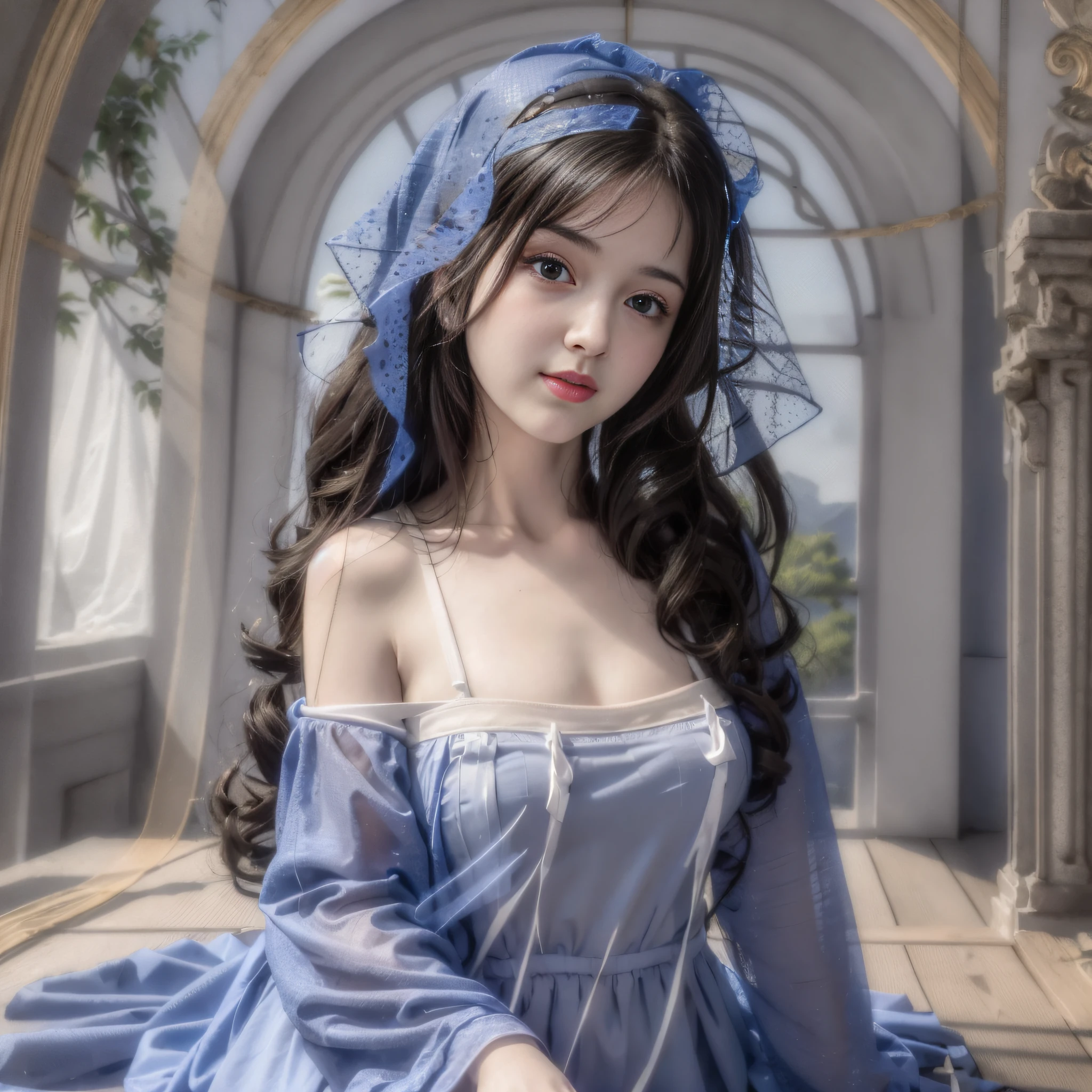masterpiece, best quality, aponia_outfit, 1 girl, solo, looking at the audience, breasts, white background, blue eyes, room, simple background, smile, sitting, nun, veil, black dress, chest curtain, split sleeves, long sleeves, frills, pelvic curtain, borderless garment, butterfly dress, standing, tummy, random movements