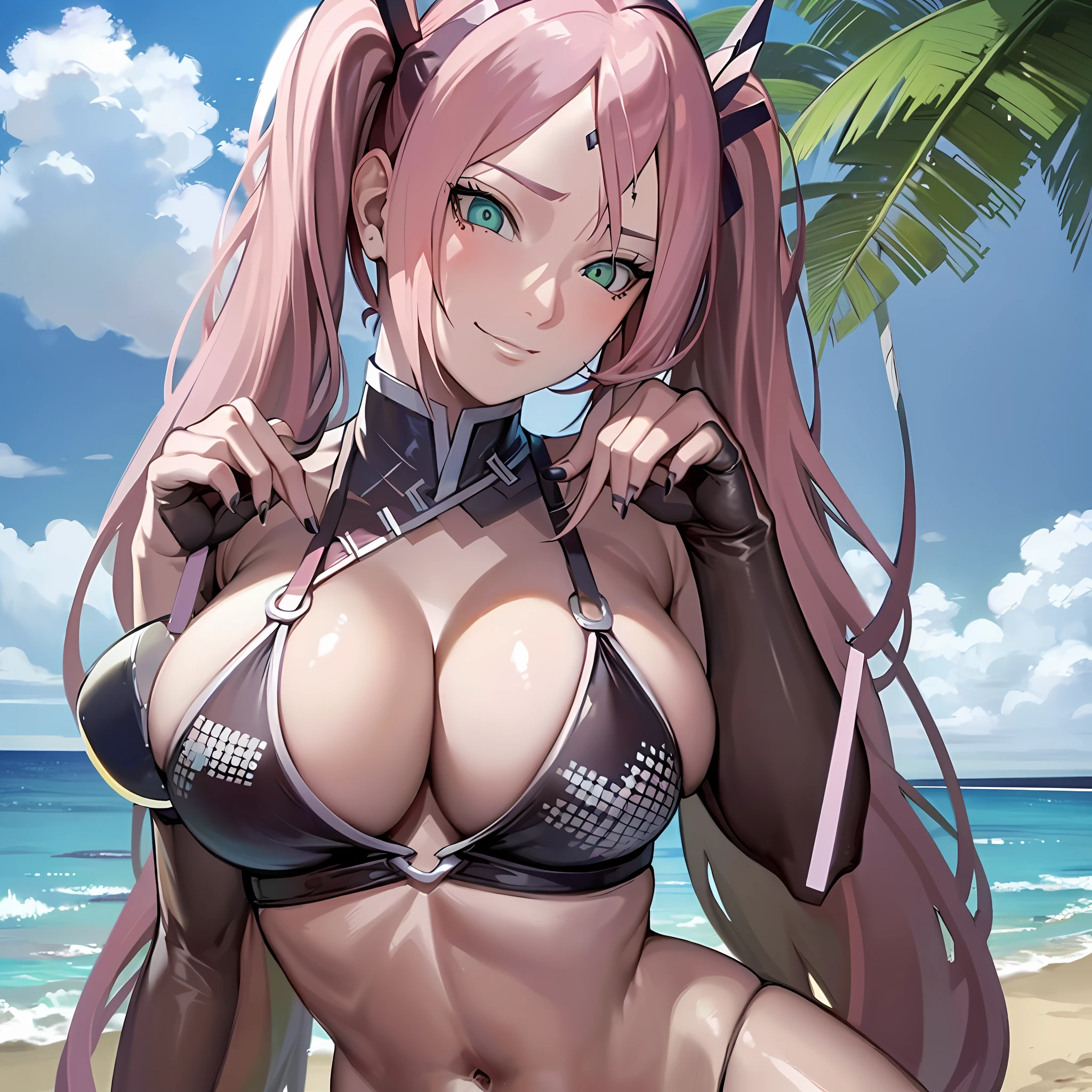 (masterpiece:1.4, best_quality), masterpiece_illustration, simple_background, sharp_focus, beautiful_detailed_eyes, beautiful_detailed_eyelashes, outline, ((beach, outdoors)), 1girl, solo, seductive_smirk, green_eyes, pink_hair, long_hair, very_long_hair, ((twintails)), bangs, hair_ornament, hairclip, sleeveless, breasts, huge_breasts, cleavage, black_bikini, multi_colored_nails, nail_art, nail_polish, navel, thighs, skindentation, nicoledemarazzz