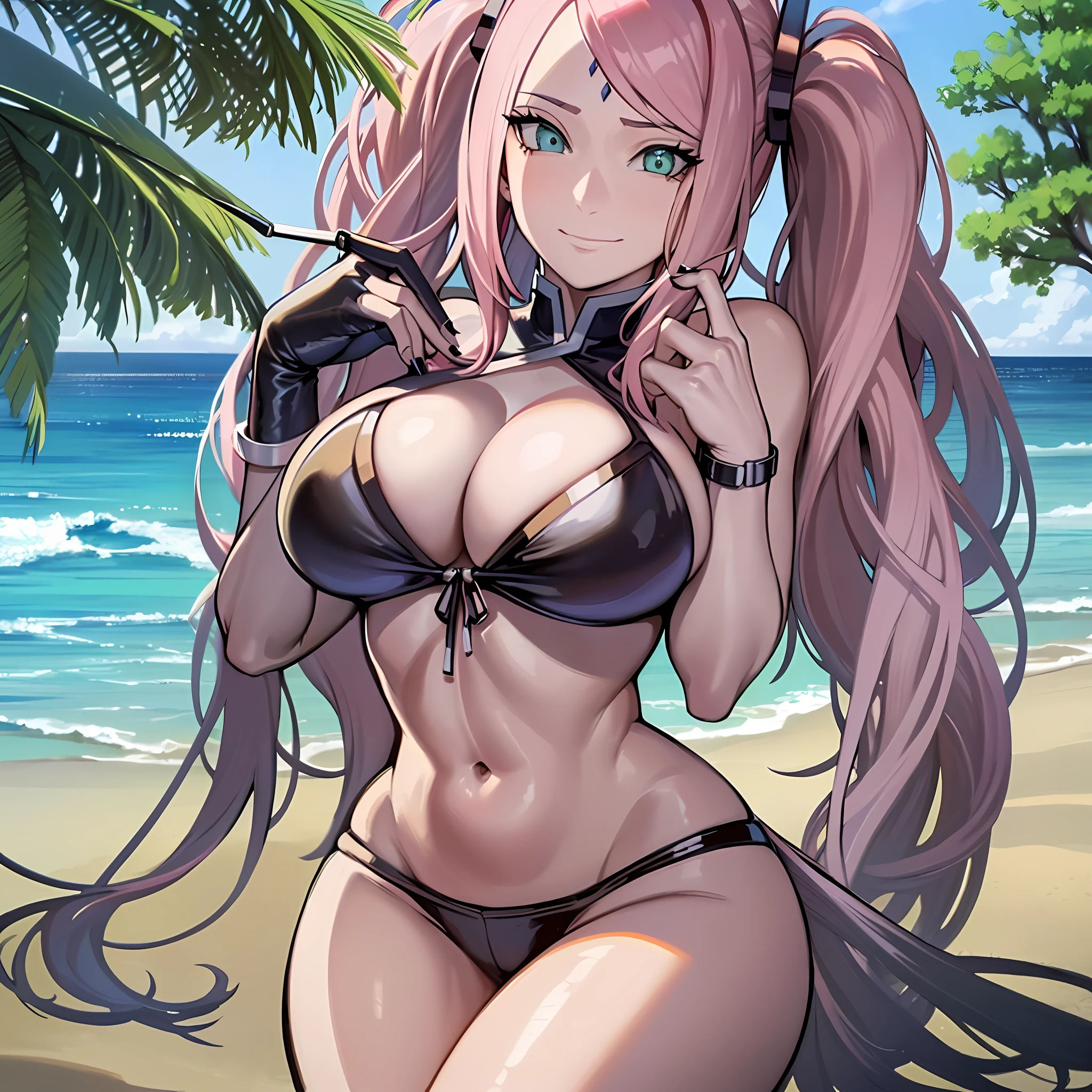 (masterpiece:1.4, best_quality), masterpiece_illustration, simple_background, sharp_focus, beautiful_detailed_eyes, beautiful_detailed_eyelashes, outline, ((beach, outdoors)), 1girl, solo, seductive_smirk, green_eyes, pink_hair, long_hair, very_long_hair, ((twintails)), bangs, hair_ornament, hairclip, sleeveless, breasts, huge_breasts, cleavage, black_bikini, multi_colored_nails, nail_art, nail_polish, navel, thighs, skindentation, nicoledemarazzz