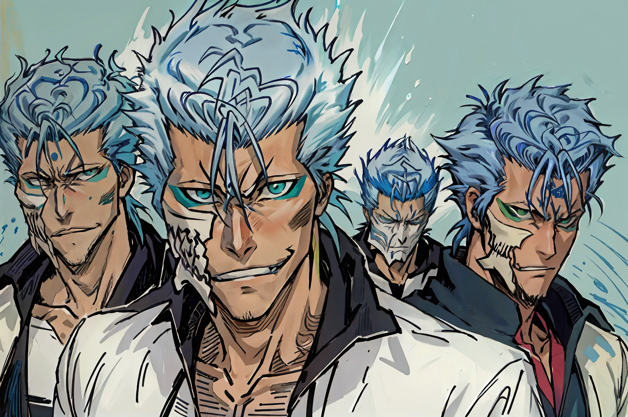 masterpiece, best quality, ((1man)),blue hair,green eyes,serious expression, smiling,waist up,line art,medium hair,white blazer,black t-shirt,expressionless eyes,((Tite Kubo style))