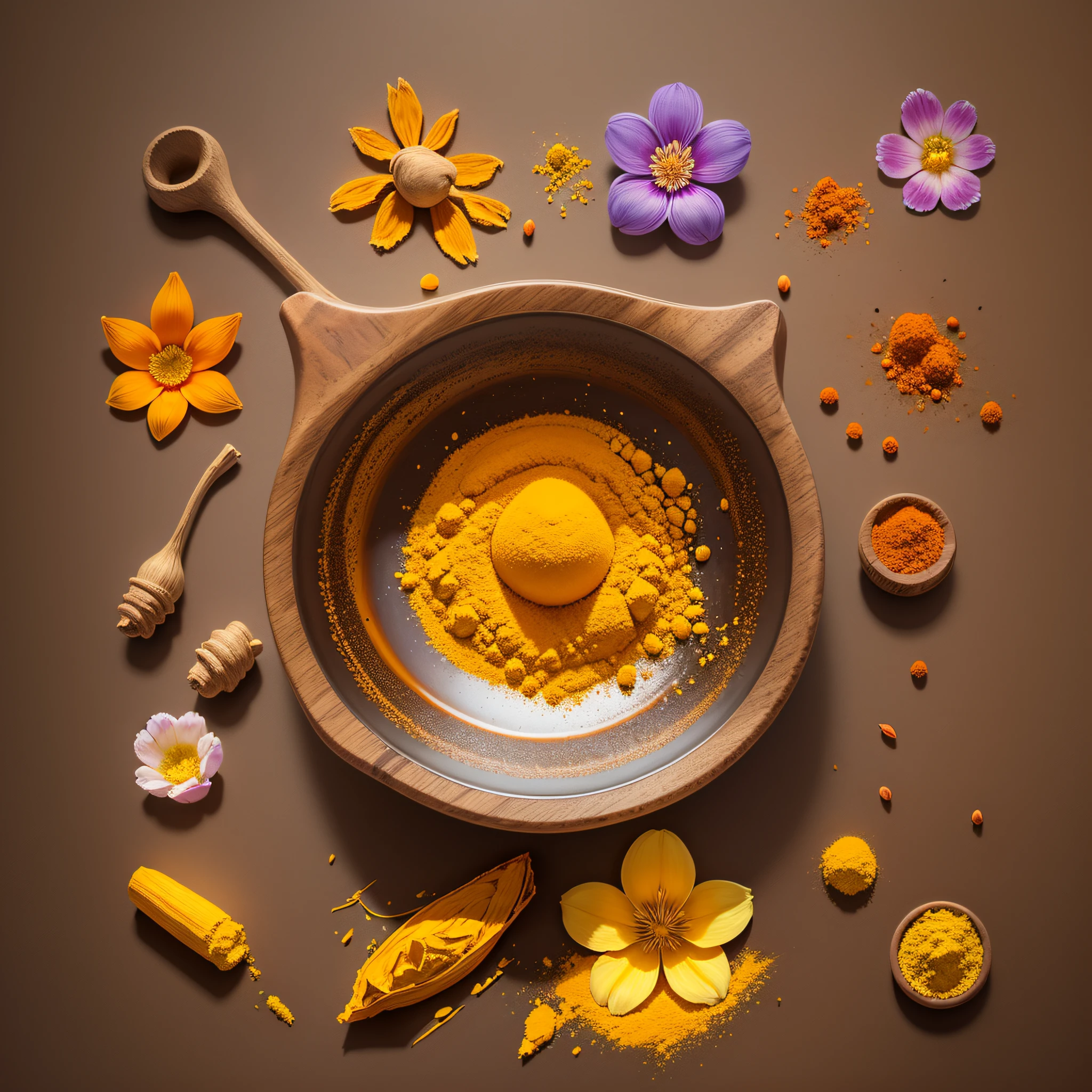 Images of turmeric powder, flower stamens and a saffron flower. --auto --s2