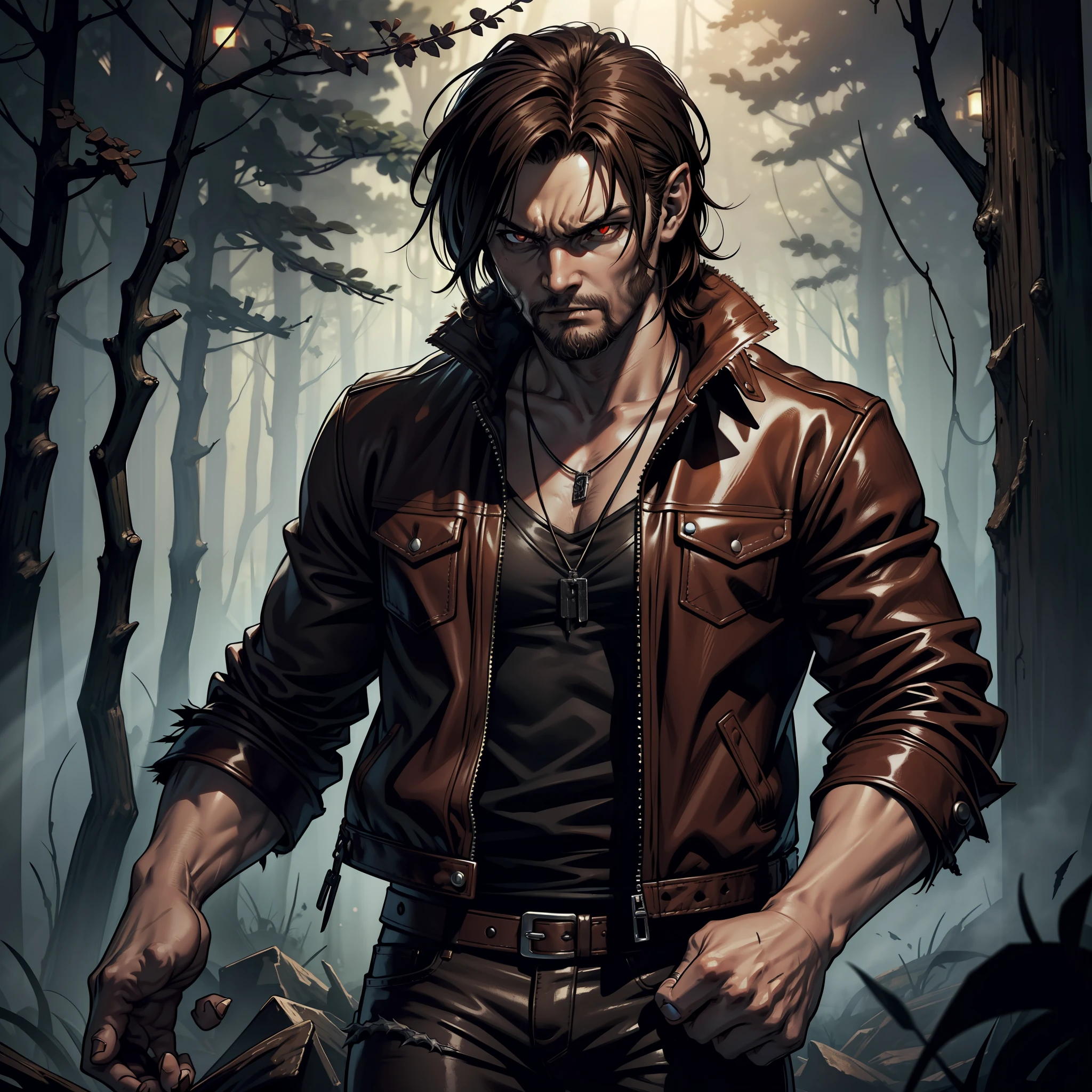 (extremely detailed 8k wallpaper), dark theme, Vampire the Masquerade, modern horror, 2020s, man, monstrous, animalistic, wearing battered brown leather jacket and battered t-shirt and jeans, canine wolf tooth necklace, sharp focus, (subsurface scattering:1.1), award-winning photography, centered face, Norman Reedus face, ((a Gangrel vampire)), half-body shot:1.1, medium brown hair oily and embarrassed, brown beard, otherworldly red eyes, angry expression, clawed nails in hand, in front of a black forest at night, dramatic lighting