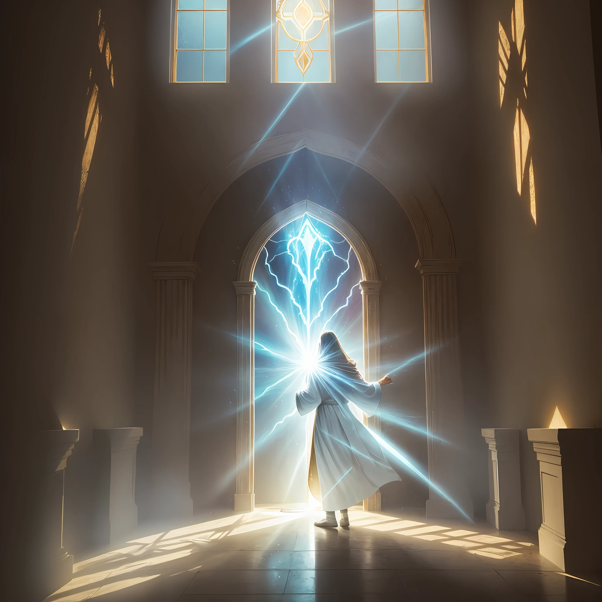 image of a person standing in a door with a light coming through it, exploding with holy light, Easter, rising from a crypt, masterpiece of bright light, rays of sacred sacred light, holy light, beam of light, opening a bright portal, rays of holy light, light bows to it, divine light,