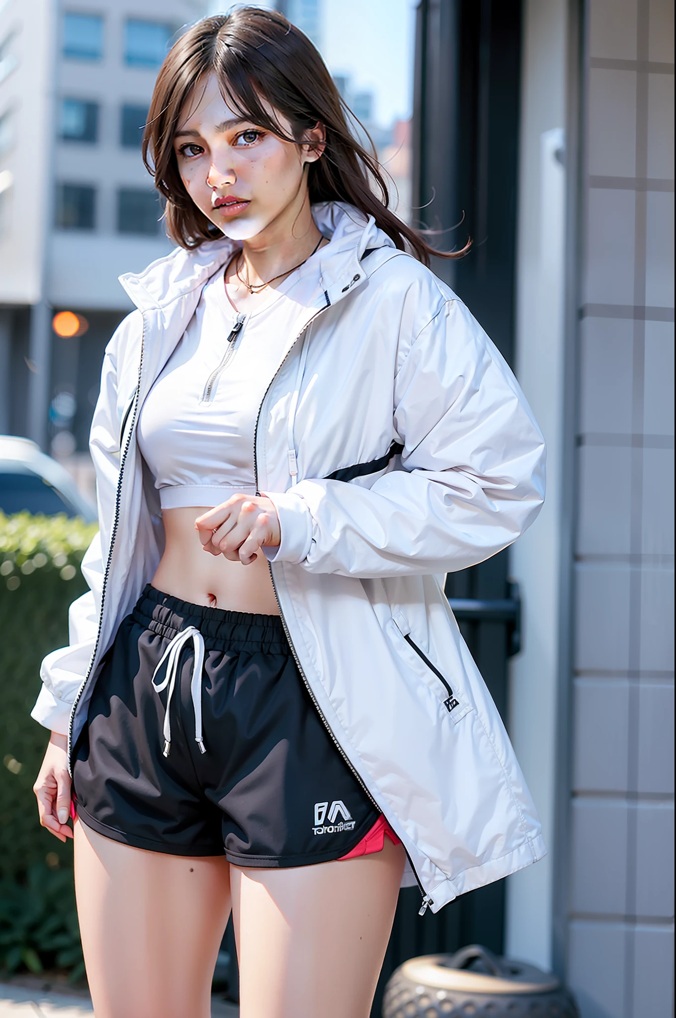 1girl,solo, parted lips,
(sportswear),(sports shorts,thighs),
street,finger to cheek, looking at viewer, realistic,