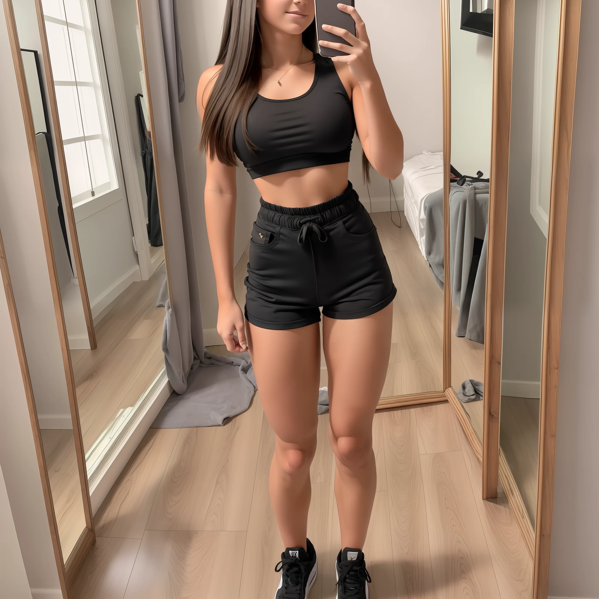 A real raw photo of 18 year old brunette girl taking a picture in the mirror, ((full body)) with iPhone, showing whole body, college girl, tight outfit, thin waist, fit body, short shorts, legs muscles, strong calf, posing --auto --s2