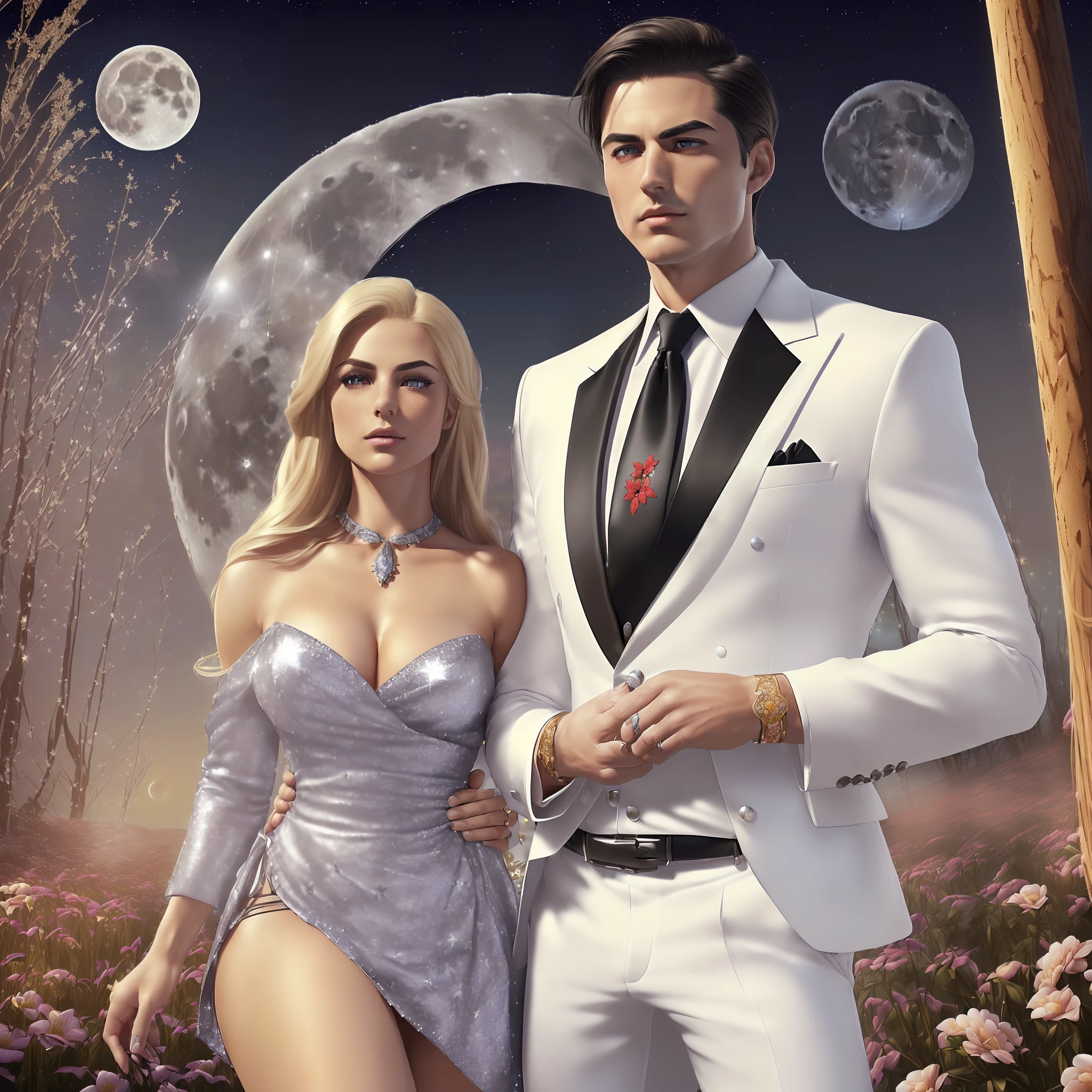 ((1 Woman and 1 Man, 25 years old, photorealistic, high resolution, best quality, masterpiece: (The woman has shoulder-length straight blonde hair, beautiful Slavic, heterochromatic eye, mole below the eye, thick eyebrows, freckles, with a long and tight party dress, with golden sequins, embroidered velvets, silver brocades and crystal details, large chest, small waist, normal thighs) (The man has short, black hair, elegant in a suit with a black jacket, white shirt and red tie.) (They dance in a beautiful flowery field. Full moon, many stars.)) --auto --s2