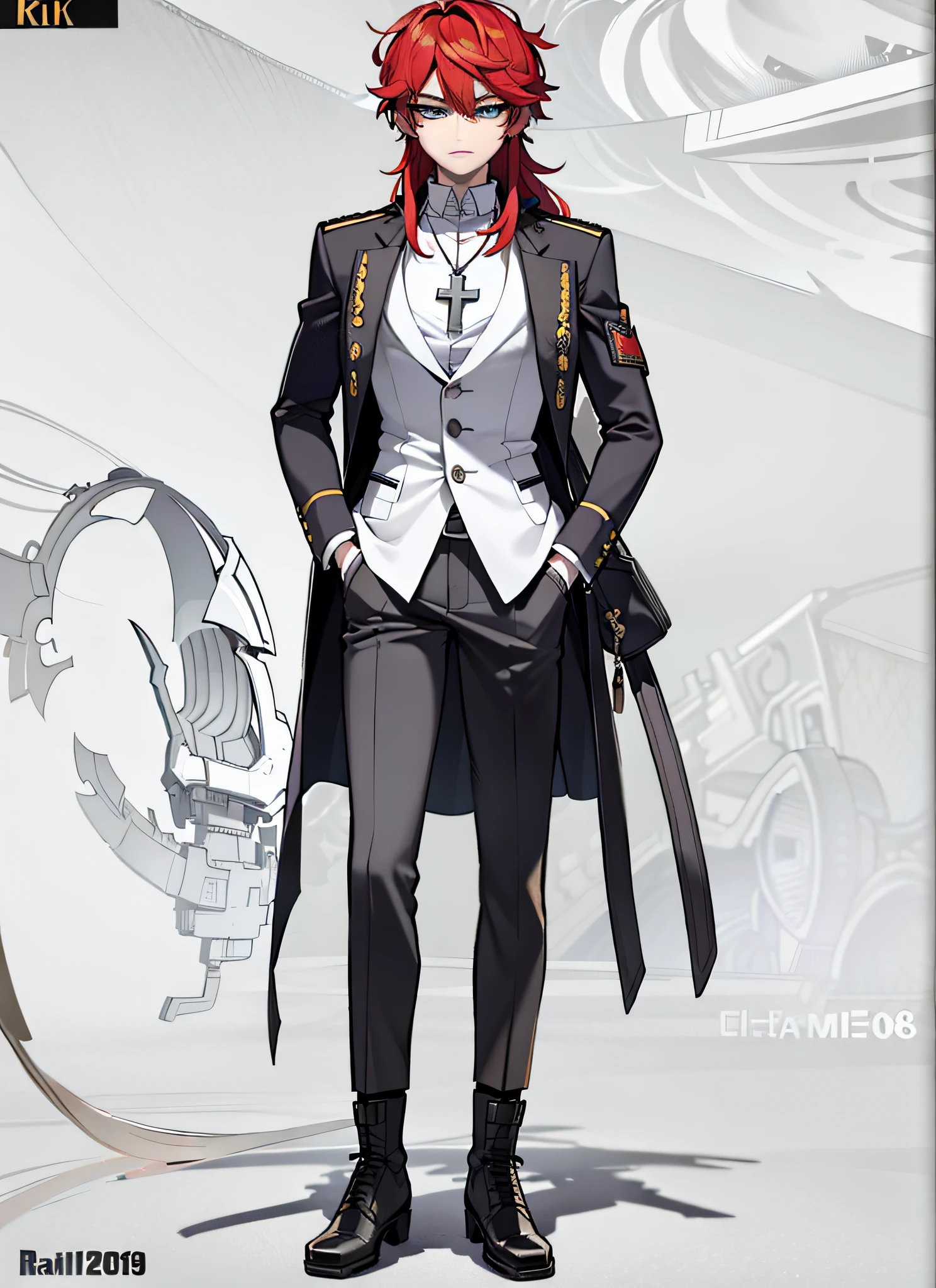 Full Body vtuber, Full Body Portrait, Clear Face, Best Quality Masterpiece, Male, Looking at Viewers, Stand and Looking Directly at Viewers, Solo, Blue Eyes, Coat, Red Hair, Long Hair, Cross Necklace, Full Body Portrait, ((8k , RAW Photo, Top Quality, Masterpiece), Professional Photo, (Best Shadow), Ultra High Definition, Cinematic Light, High Detail CG Includes 8K Wallpapers, Whole Body,