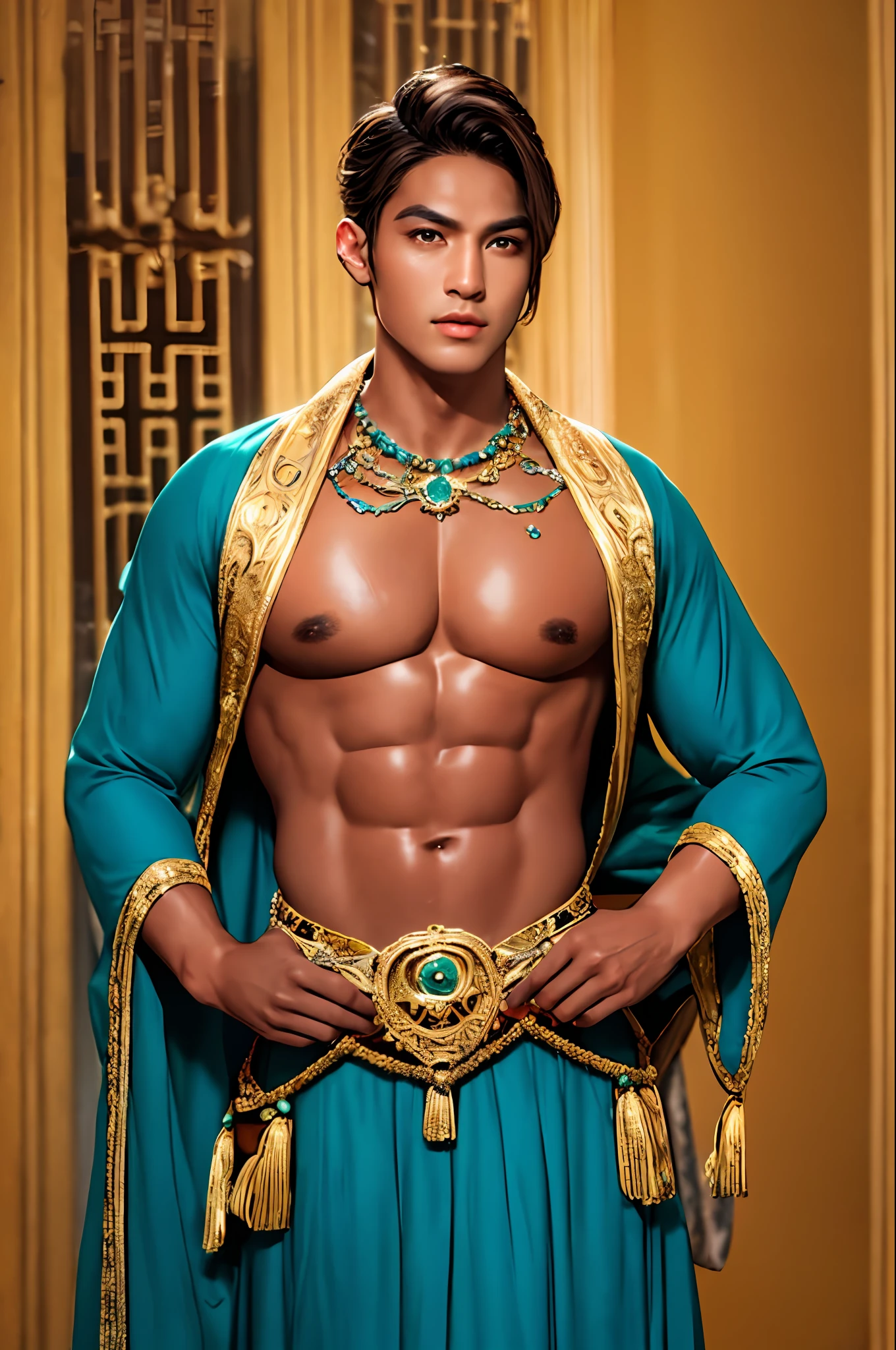 a handsome tanned muscular man with gold eye makeup, in the style of fatima ronquillo, indigo and emerald, cultural fusion, karol bak, light brown and teal, carnivalcore, photo-realistic technique